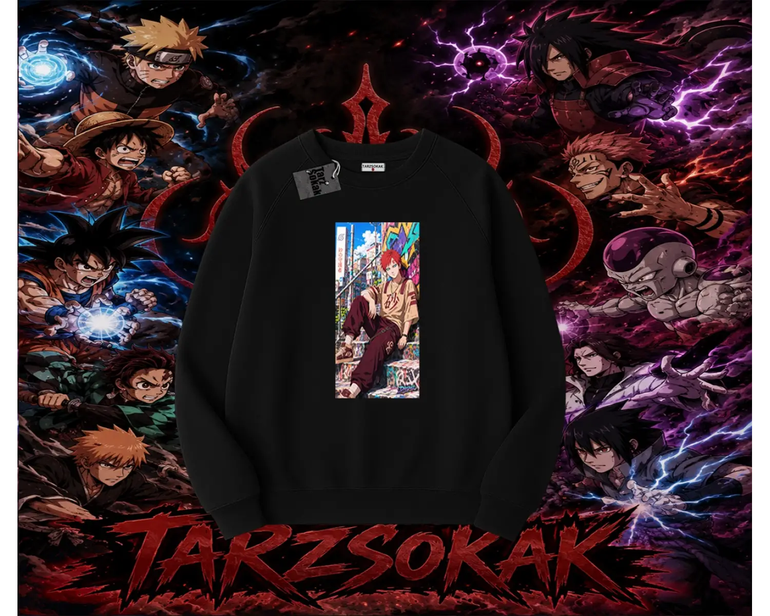 Gaara Naruto Anime Karakteri Oversize Unisex Bisiklet Yaka Sweatshirt Beyaz
