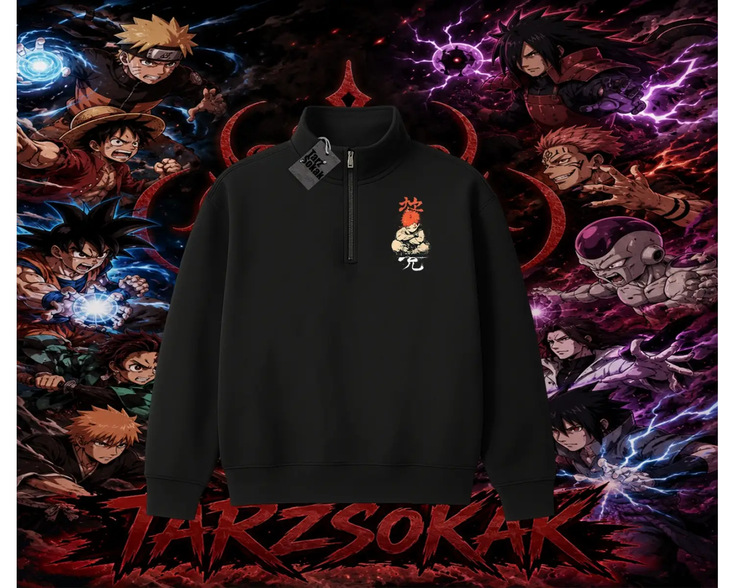 Gaara Naruto Anime Karakteri Unisex Polo Yaka Yarım Fermuarlı Sweatshirt Beyaz