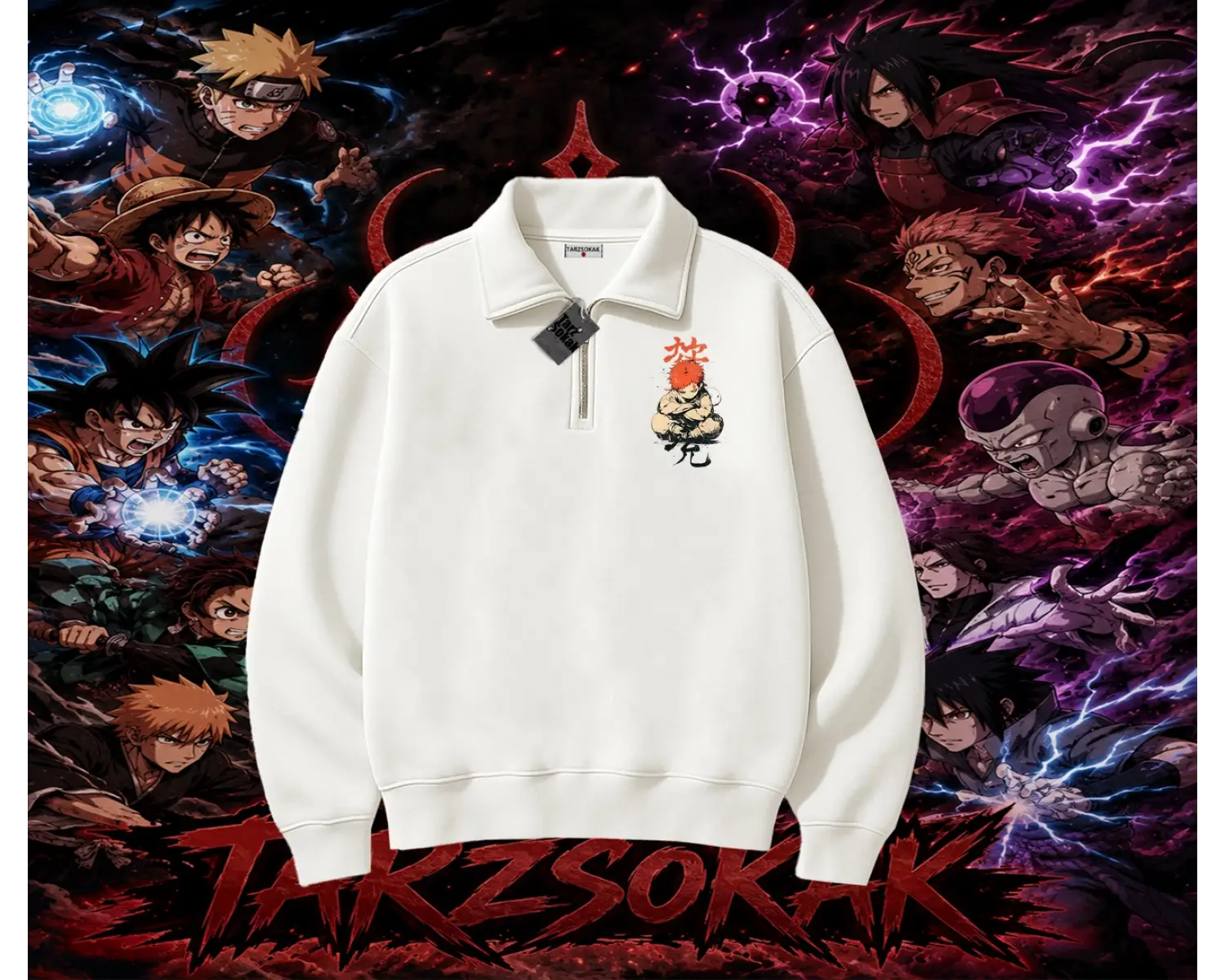 Gaara Naruto Anime Karakteri Unisex Polo Yaka Yarım Fermuarlı Sweatshirt Beyaz