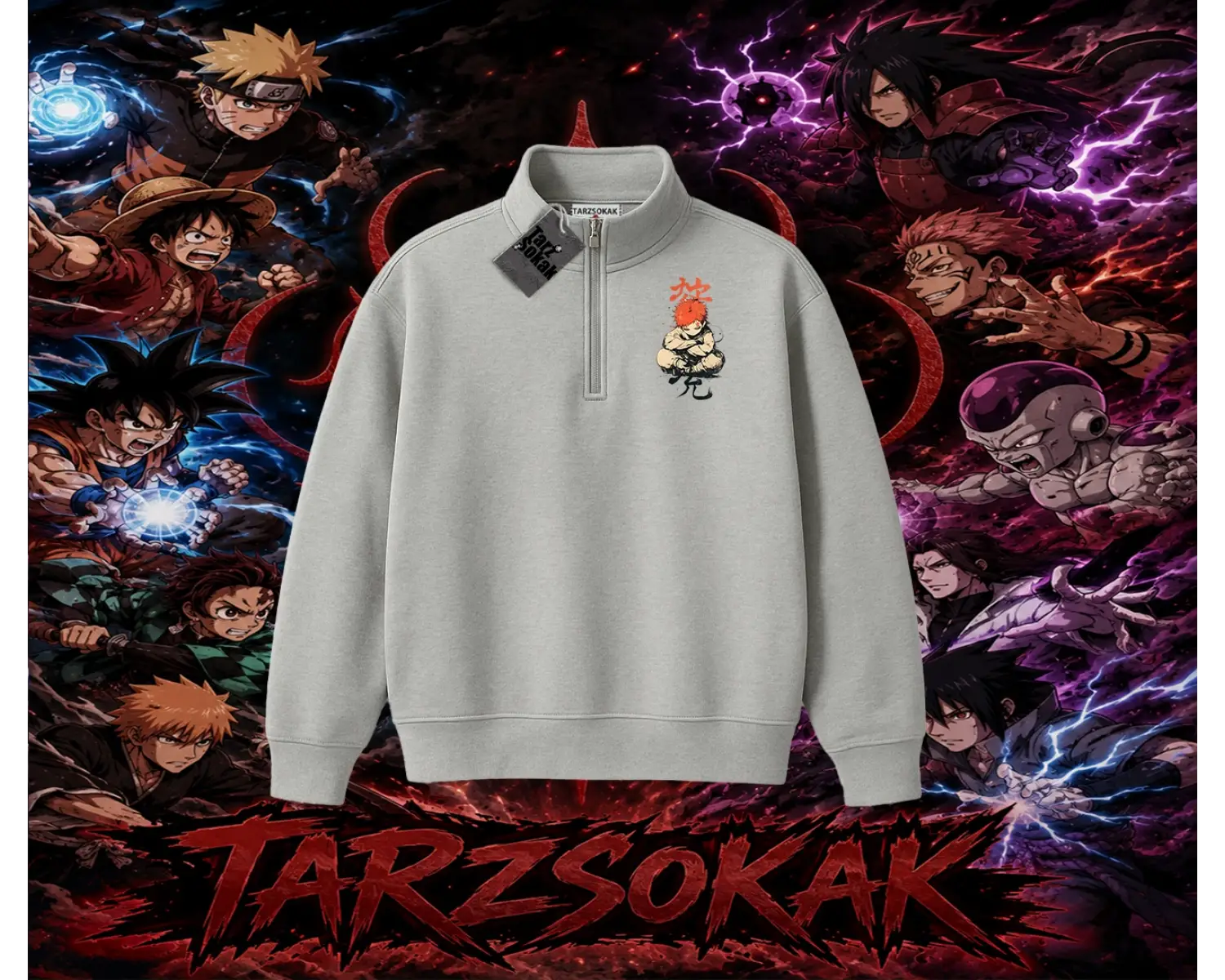 Gaara Naruto Anime Karakteri Unisex Polo Yaka Yarım Fermuarlı Sweatshirt Beyaz