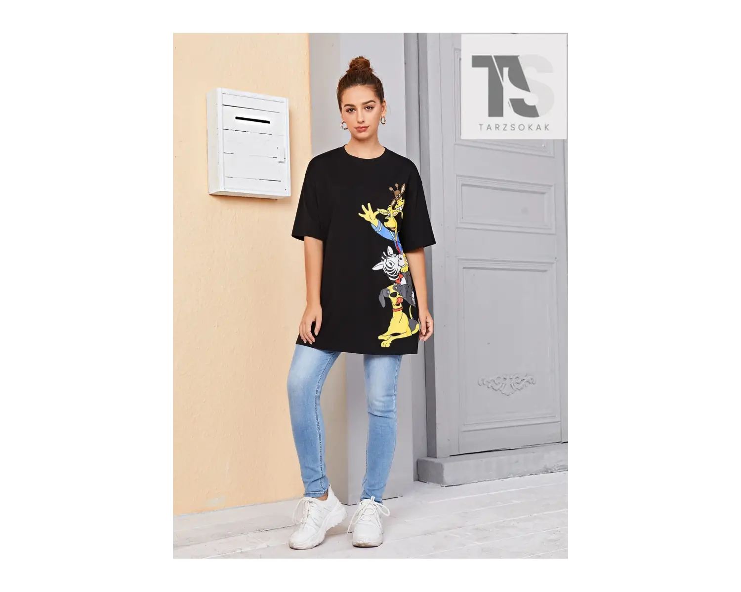 Galaksi Baskılı Düşük Omuzlu Uzun Kollu Tişört