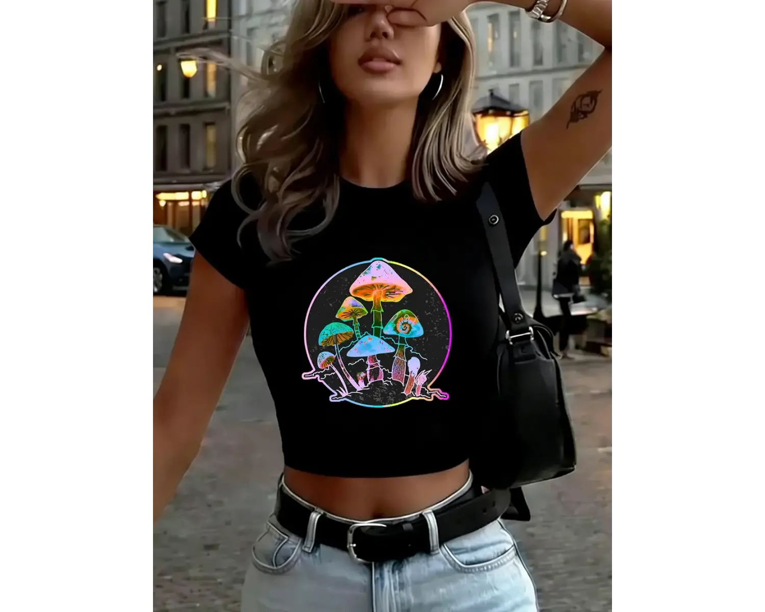 Garden Of Shrooms Baskılı Kadın Babby TeeTişörtleri Yazlık Yumuşak Yüksek Esnek Üstler Yuvarlak Y