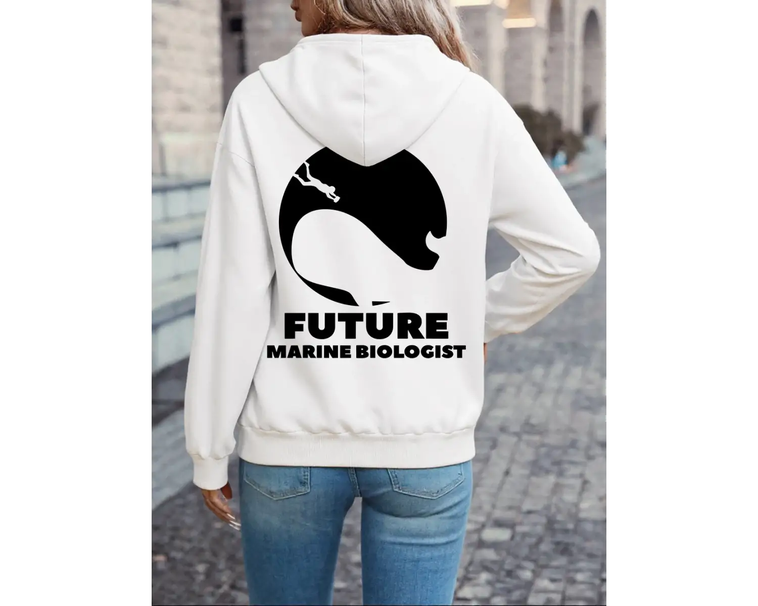 Geleceğin Deniz Biyoloğu Baskılı Kapüşonlu Üstler Kadın Rahat Gevşek Kazak Polar Sıcak Yumuşa