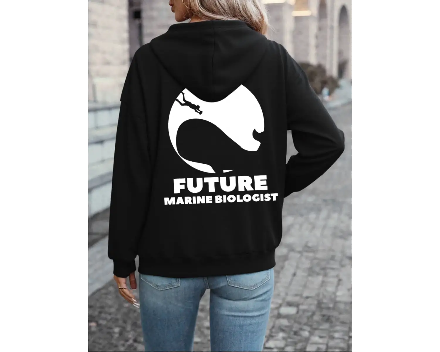 Geleceğin Deniz Biyoloğu Baskılı Kapüşonlu Üstler Kadın Rahat Gevşek Kazak Polar Sıcak Yumuşa