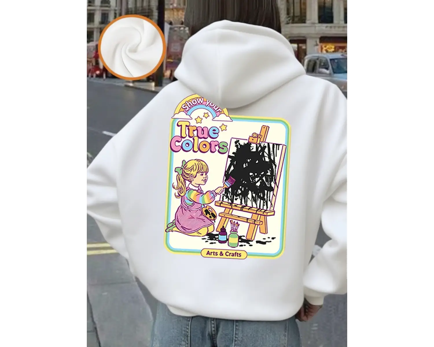 Gerçek Renkler Komik Çizgi Roman Baskılı Kapüşonlu Üstler Kadınlar Sonbahar Polar Sıcak Sweat