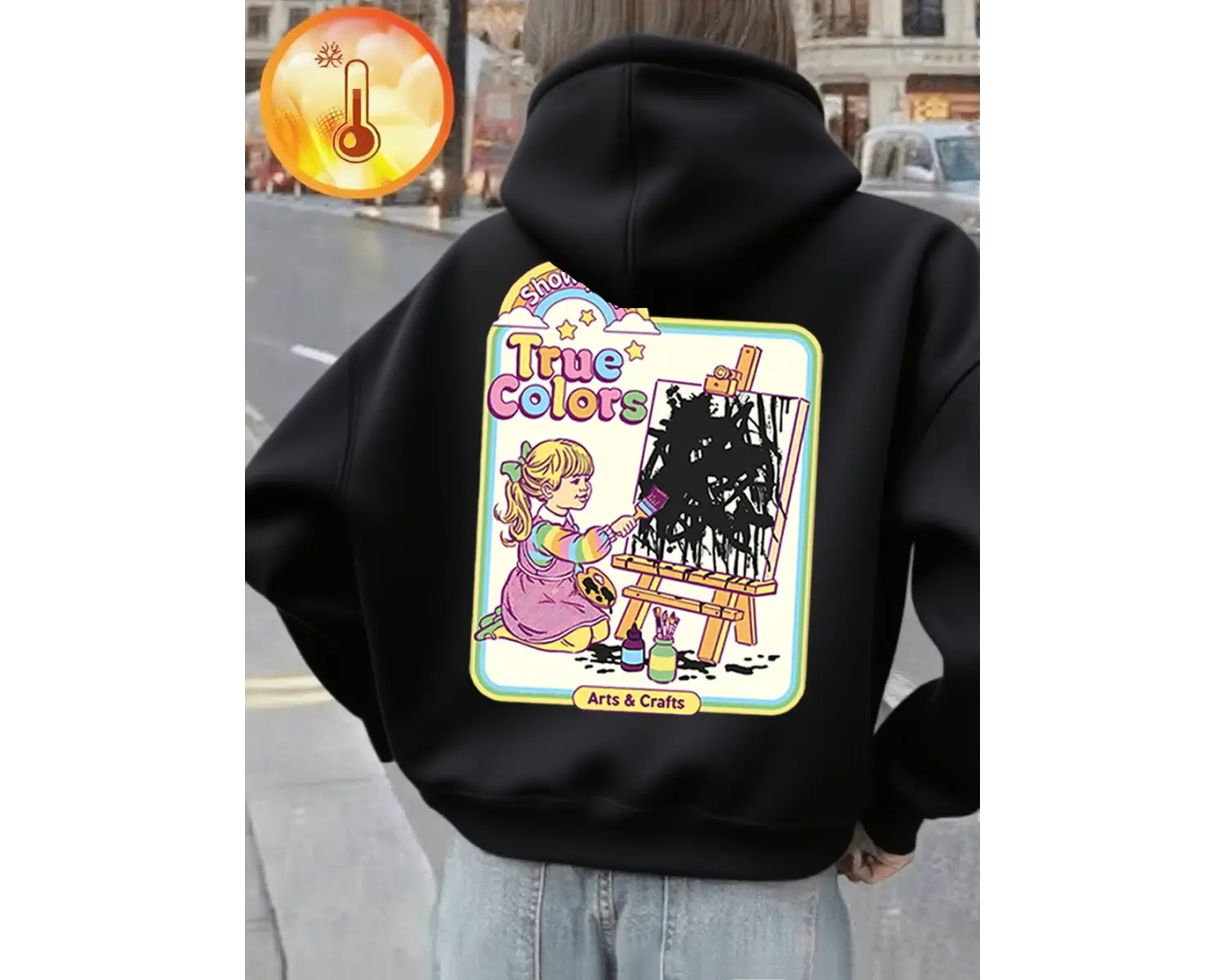 Gerçek Renkler Komik Çizgi Roman Baskılı Kapüşonlu Üstler Kadınlar Sonbahar Polar Sıcak Sweat