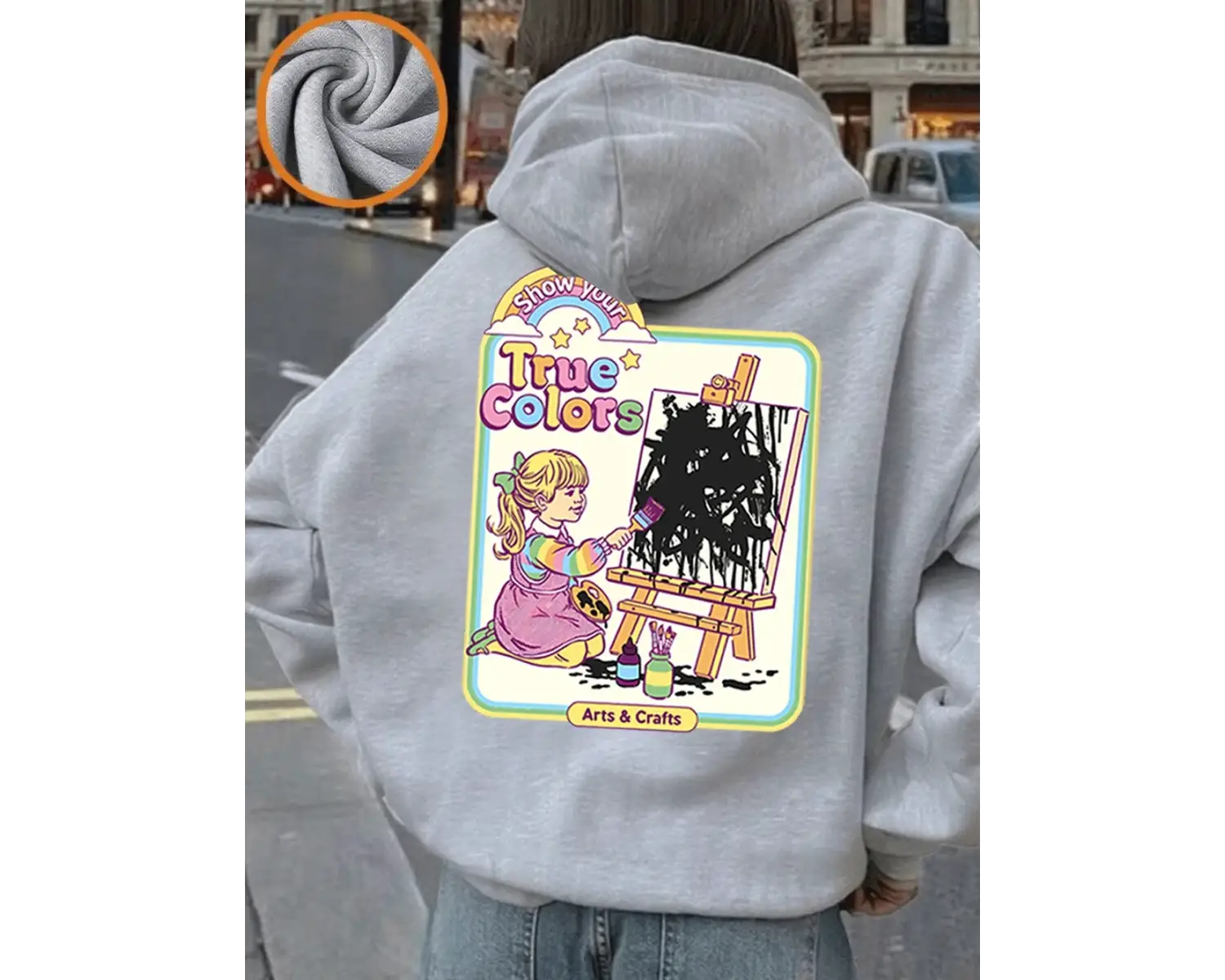 Gerçek Renkler Komik Çizgi Roman Baskılı Kapüşonlu Üstler Kadınlar Sonbahar Polar Sıcak Sweat