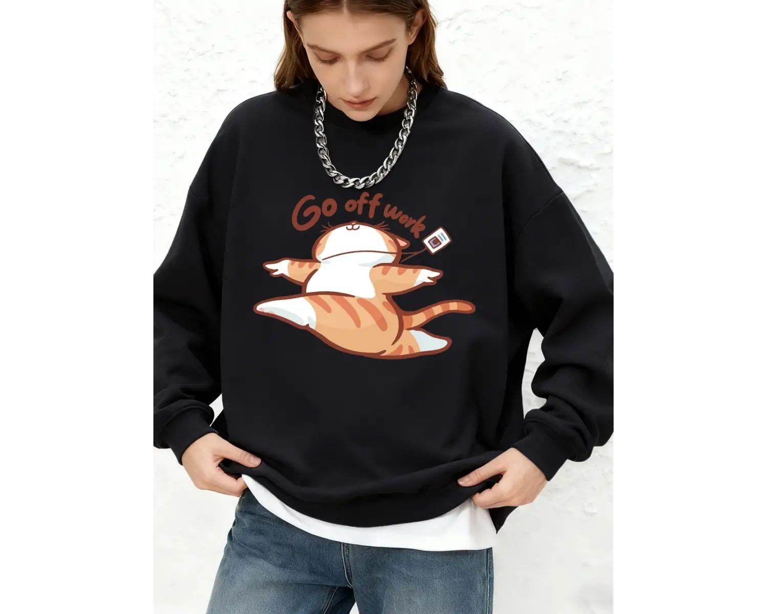 Go Off Work Happy Cat Baskılı Tişörtü Bayan Sonbahar Sıcak Uzun Kollu Kapüşonlular Jogger Bis