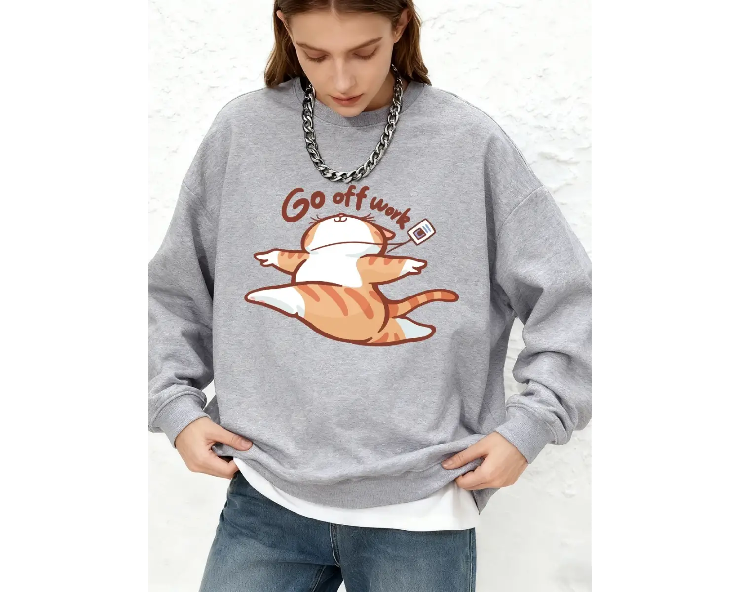 Go Off Work Happy Cat Baskılı Tişörtü Bayan Sonbahar Sıcak Uzun Kollu Kapüşonlular Jogger Bis