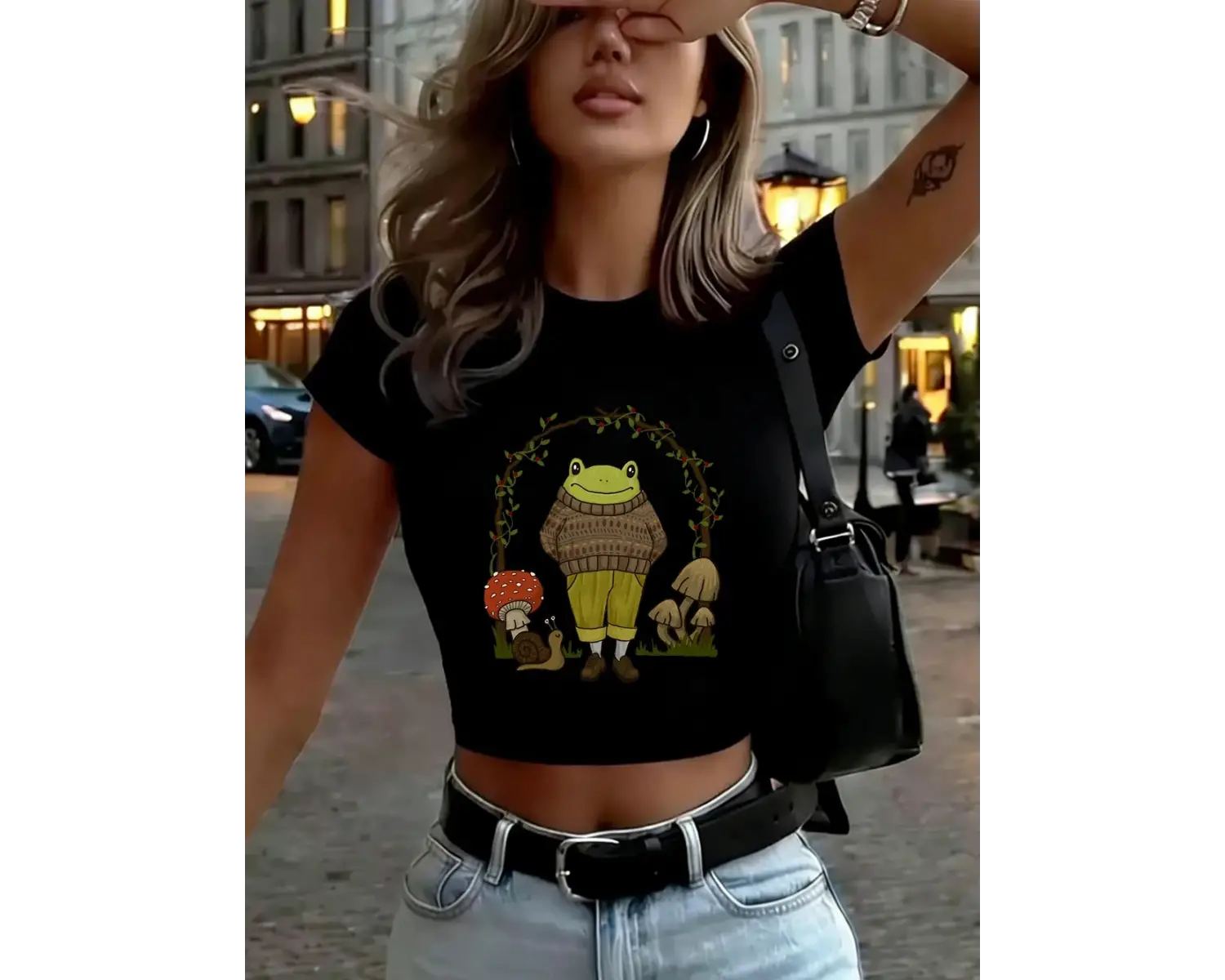 Goblincore Kurbağa Baskılı Kadın Babby Tees Yaz O-Boyun Dar Kesim İnce Tişörtler Yüksek Elasti