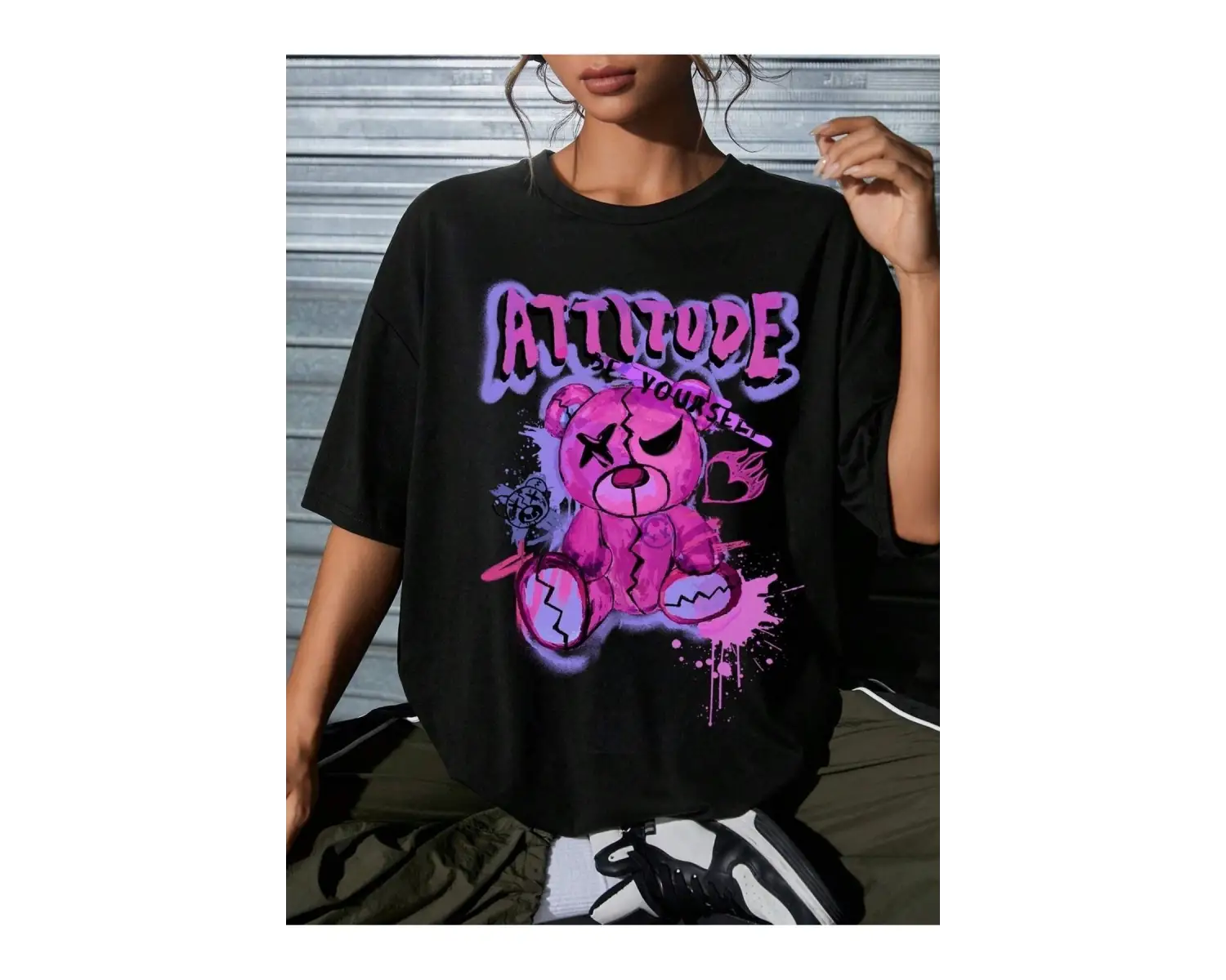 Göğüs Baskılı Oversize Kadın T-Shirt