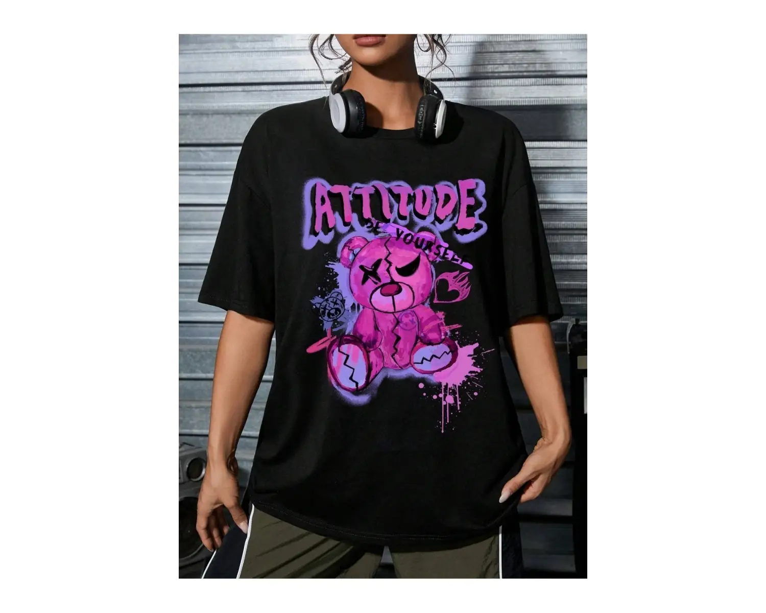 Göğüs Baskılı Oversize Kadın T-Shirt