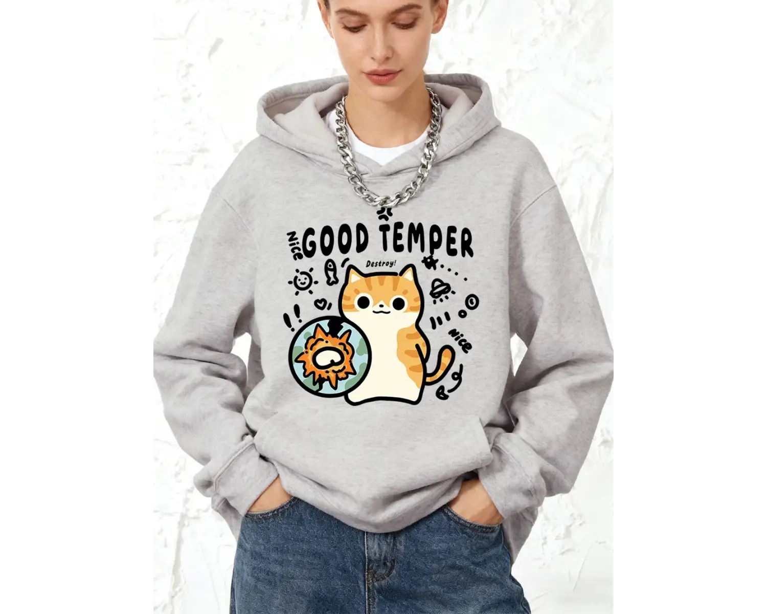 Good Temper Destroy Cat Baskılı Pamuklu Kapüşonlu Kadın Sporcu Bol Kazak Kışlık Polar Sıcak S