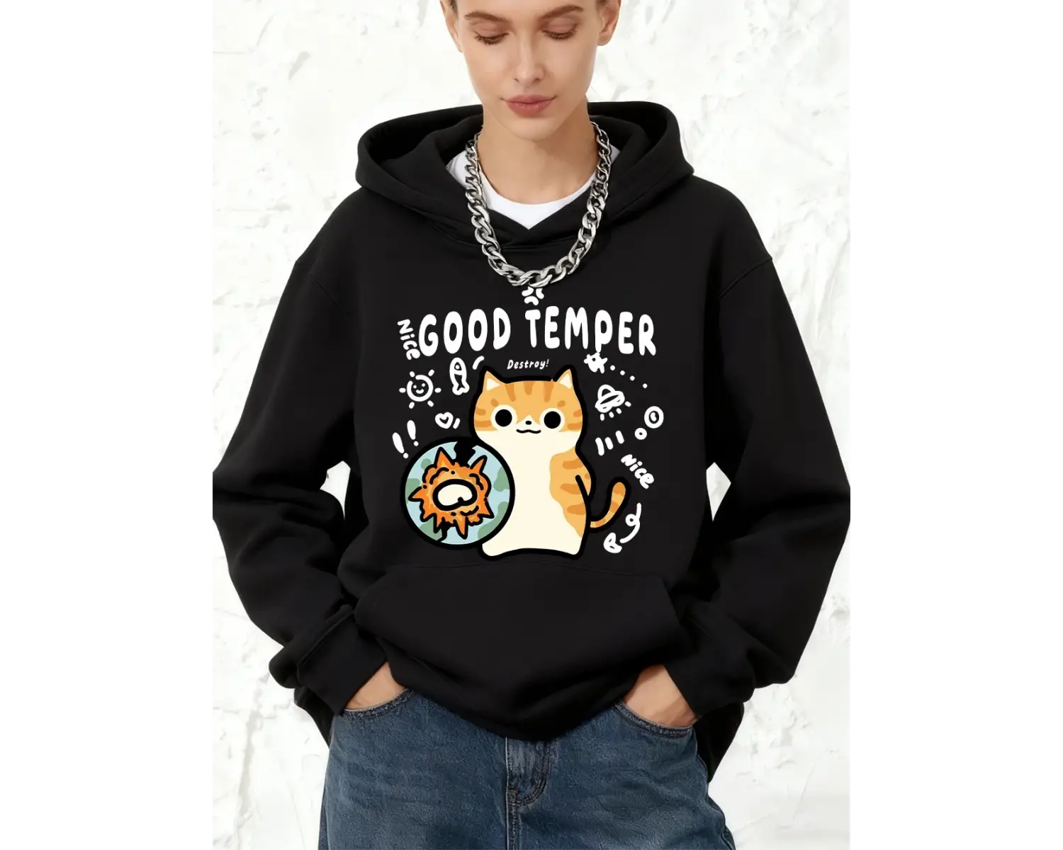 Good Temper Destroy Cat Baskılı Pamuklu Kapüşonlu Kadın Sporcu Bol Kazak Kışlık Polar Sıcak S