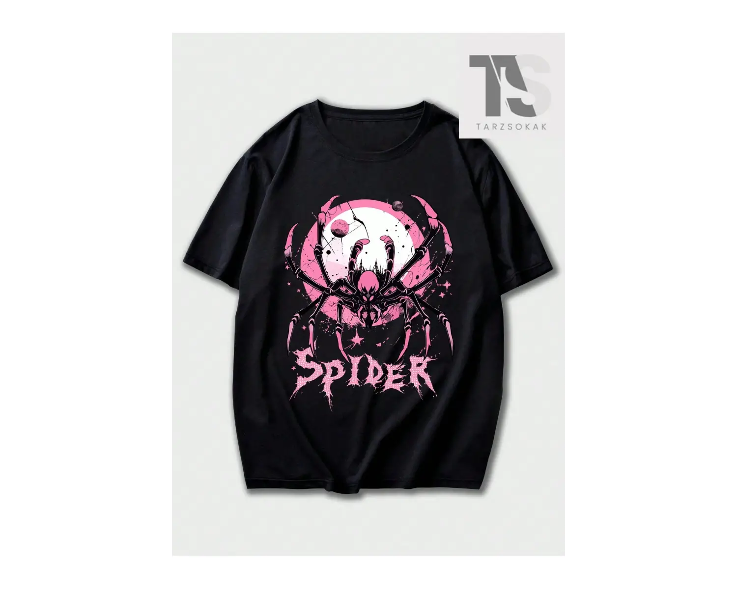 Goth Örümcek ve Mektup Baskılı Yuvarlak Yaka Erkek Tişört