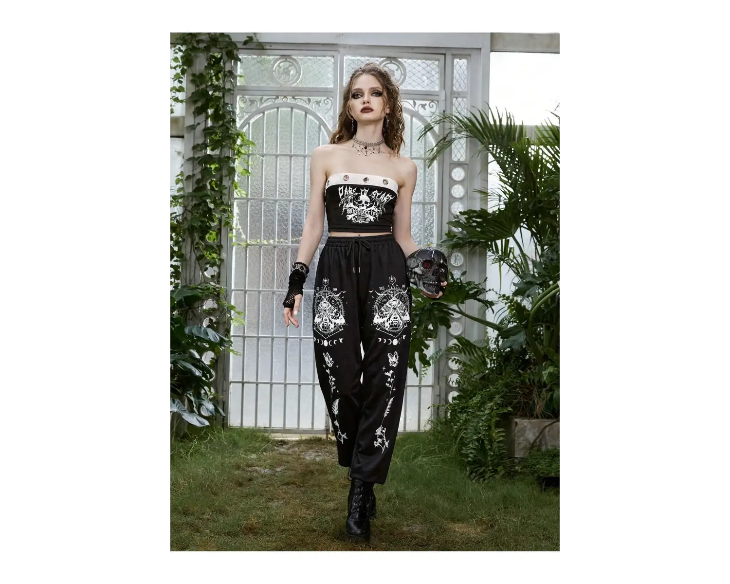 Goth Skull Graphic Drawstring Waist 4 Mevsim Eşofman