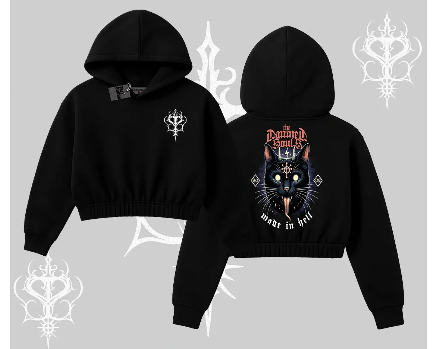 Gothic Cat Made in Hell Baskılı Sweatshirt Kapşonlu Crop Sweatshirt