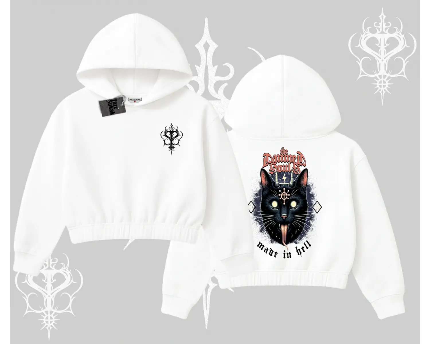 Gothic Cat Made in Hell Baskılı Sweatshirt Kapşonlu Crop Sweatshirt