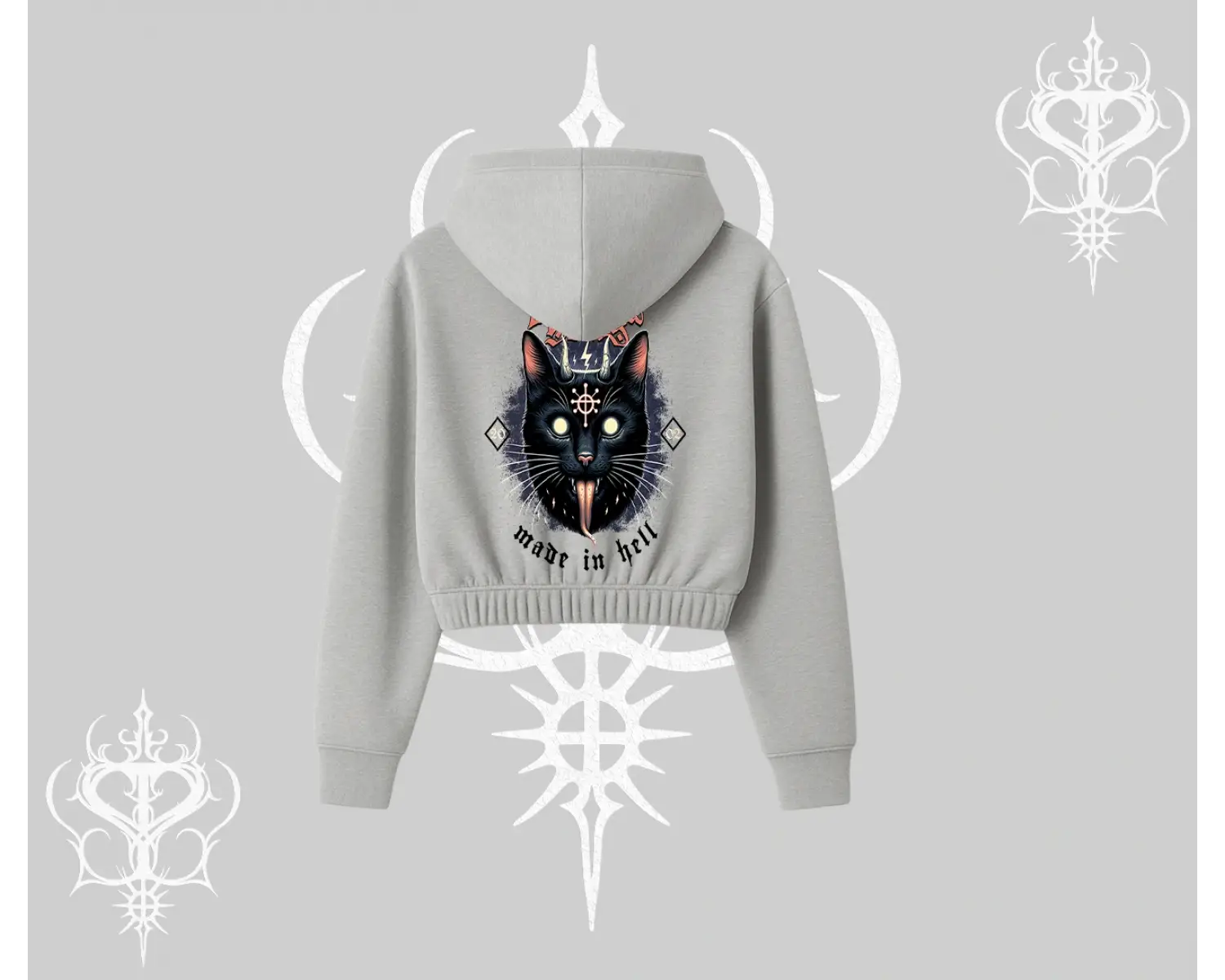 Gothic Cat Made in Hell Baskılı Sweatshirt Kapşonlu Crop Sweatshirt