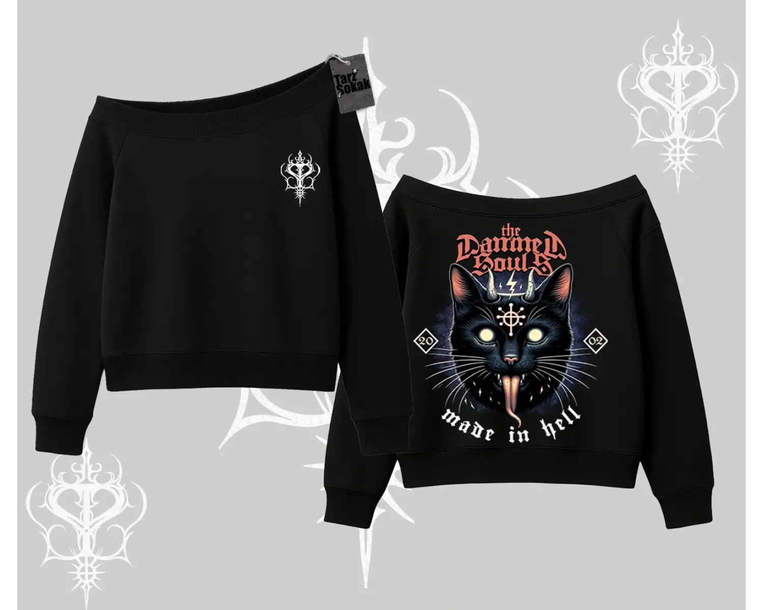 Gothic Cat Made in Hell Baskılı Sweatshirt Kayık Yaka Sweatshirt
