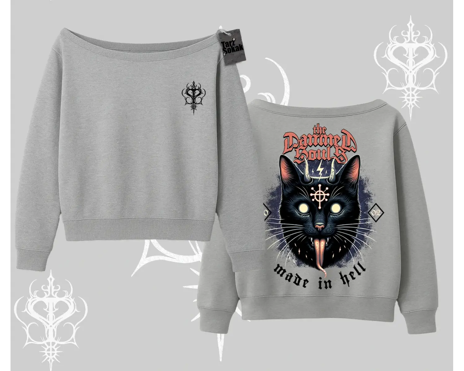 Gothic Cat Made in Hell Baskılı Sweatshirt Kayık Yaka Sweatshirt