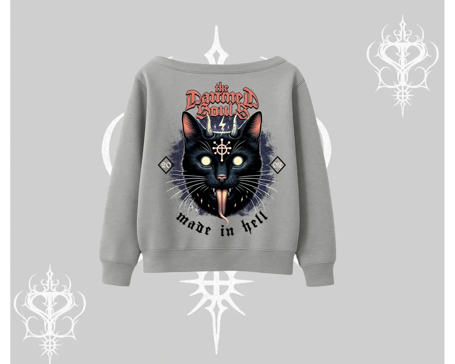 Gothic Cat Made in Hell Baskılı Sweatshirt Kayık Yaka Sweatshirt