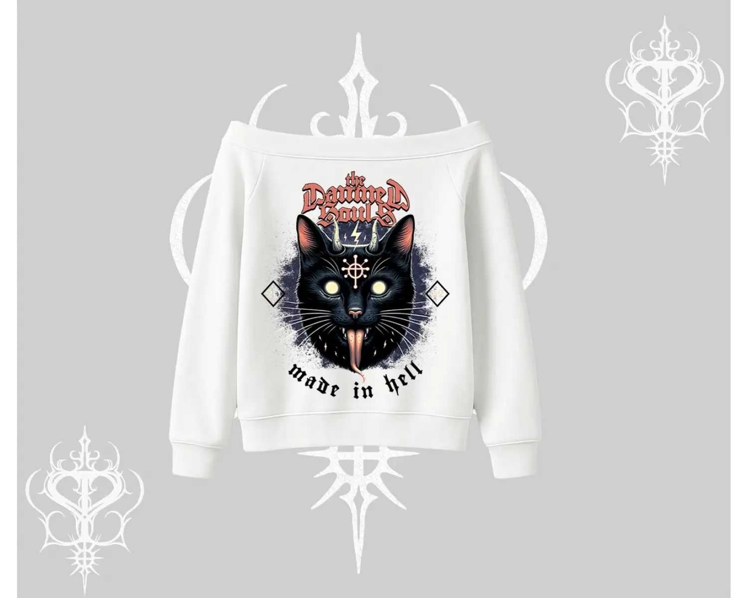Gothic Cat Made in Hell Baskılı Sweatshirt Kayık Yaka Sweatshirt