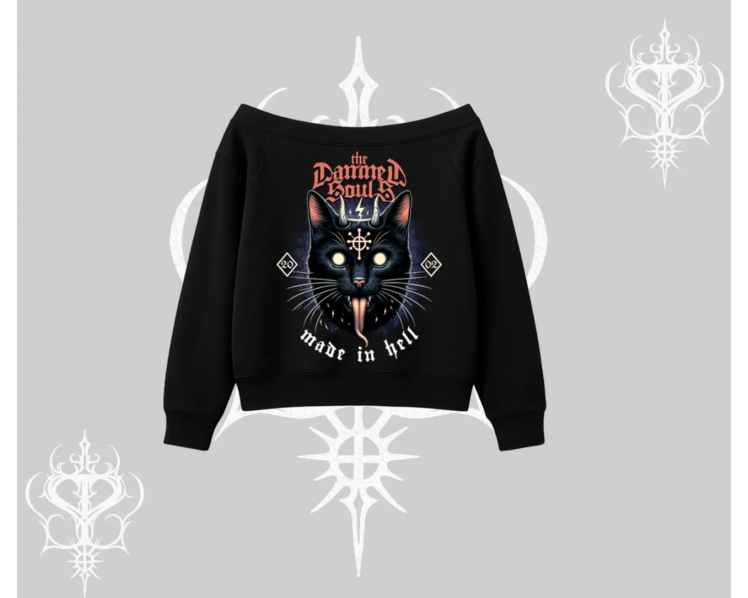 Gothic Cat Made in Hell Baskılı Sweatshirt Kayık Yaka Sweatshirt