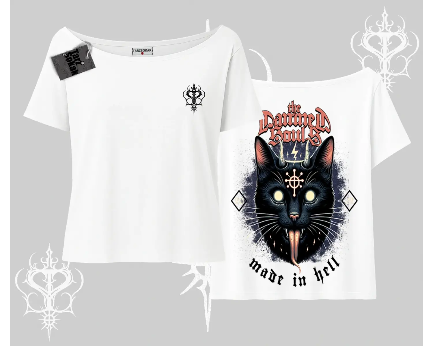 Gothic Cat Made in Hell Baskılı Sweatshirt Kayık Yaka Tshirt