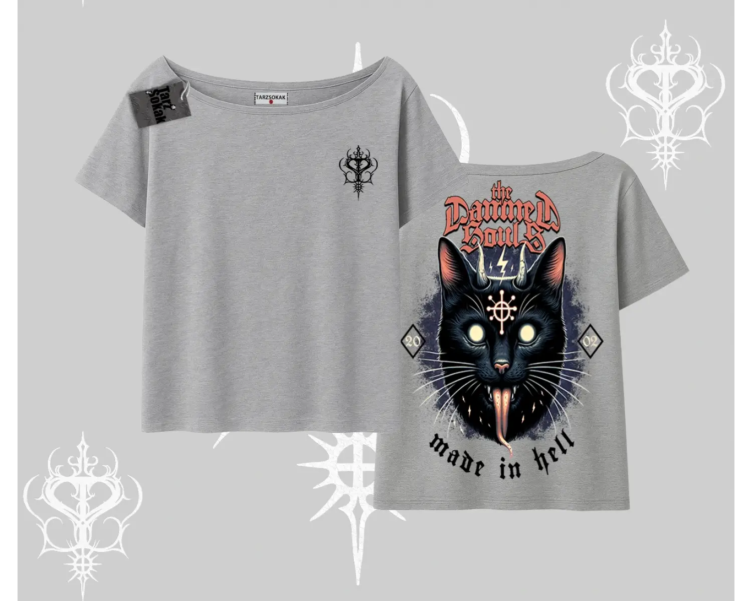 Gothic Cat Made in Hell Baskılı Sweatshirt Kayık Yaka Tshirt