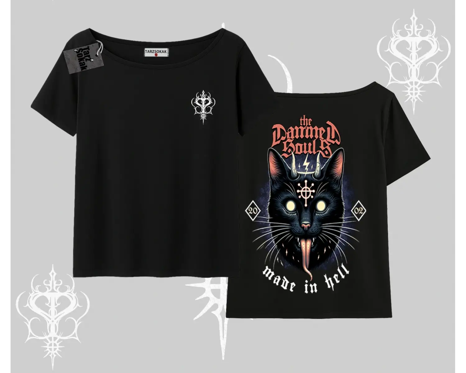 Gothic Cat Made in Hell Baskılı Sweatshirt Kayık Yaka Tshirt