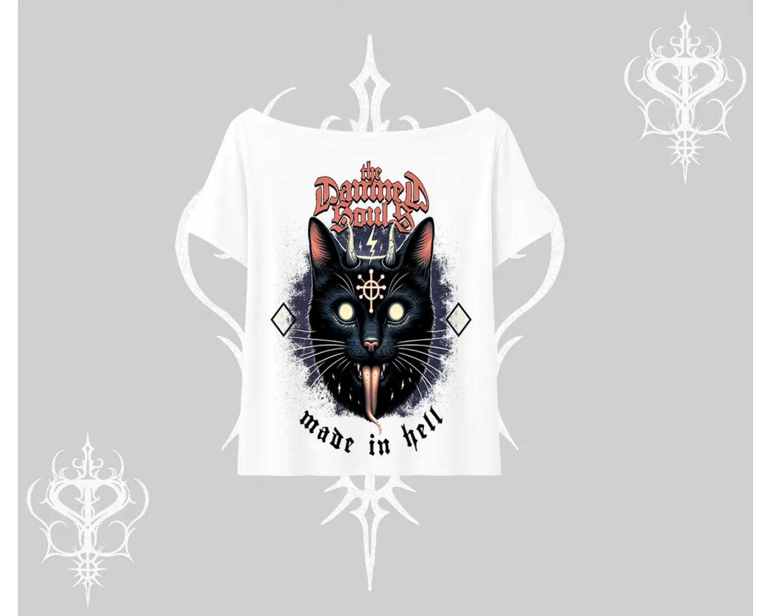 Gothic Cat Made in Hell Baskılı Sweatshirt Kayık Yaka Tshirt