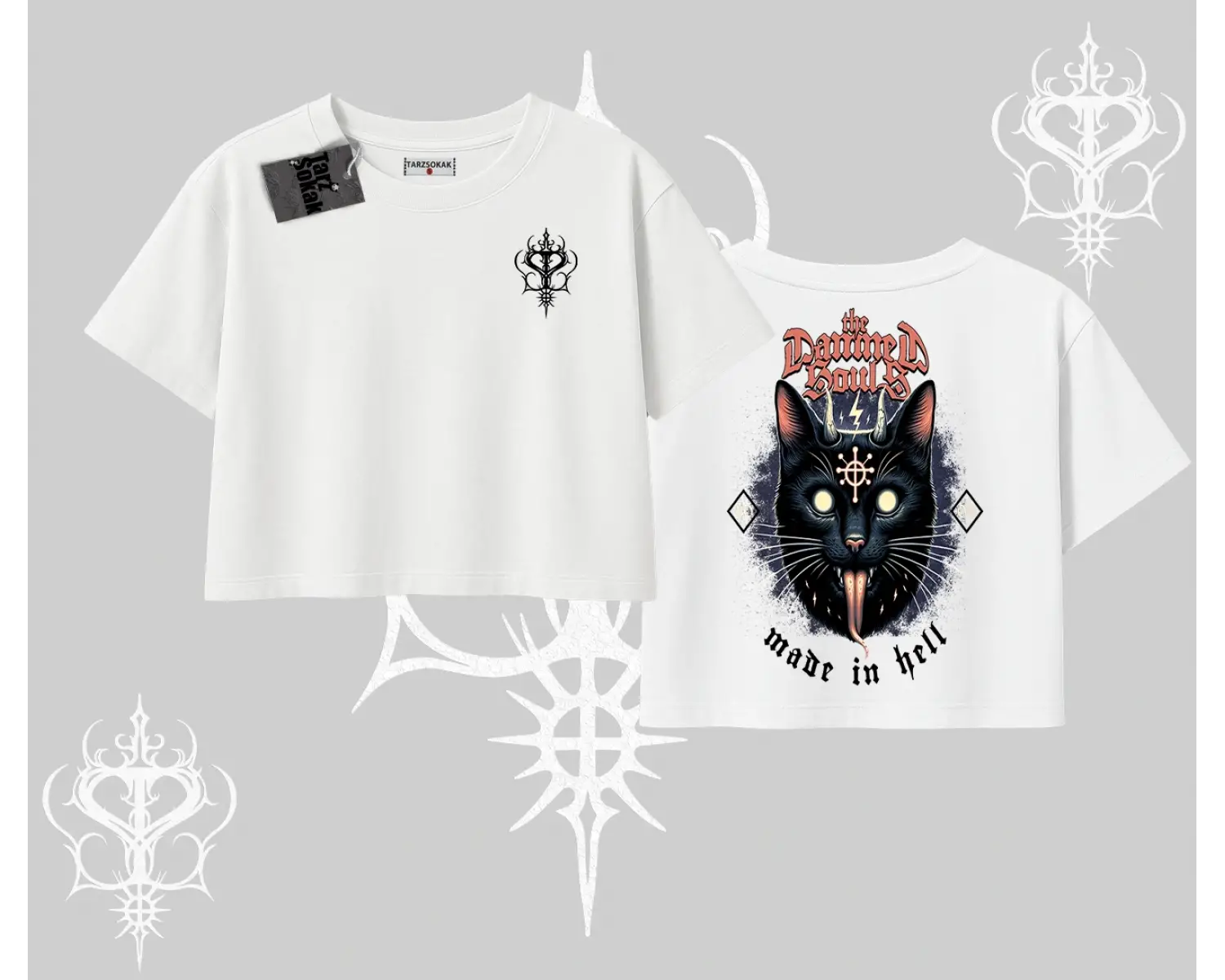 Gothic Cat Made in Hell Baskılı Sweatshirt Oversize Crop Tshirt