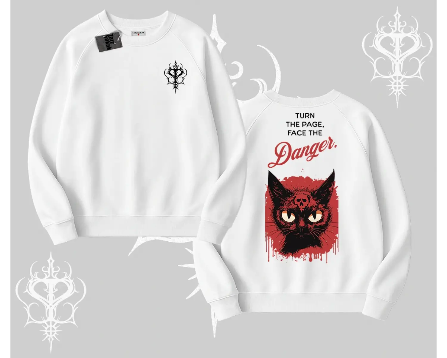 Gotik Kedi Arka Baskılı Biskilet Sweatshirt