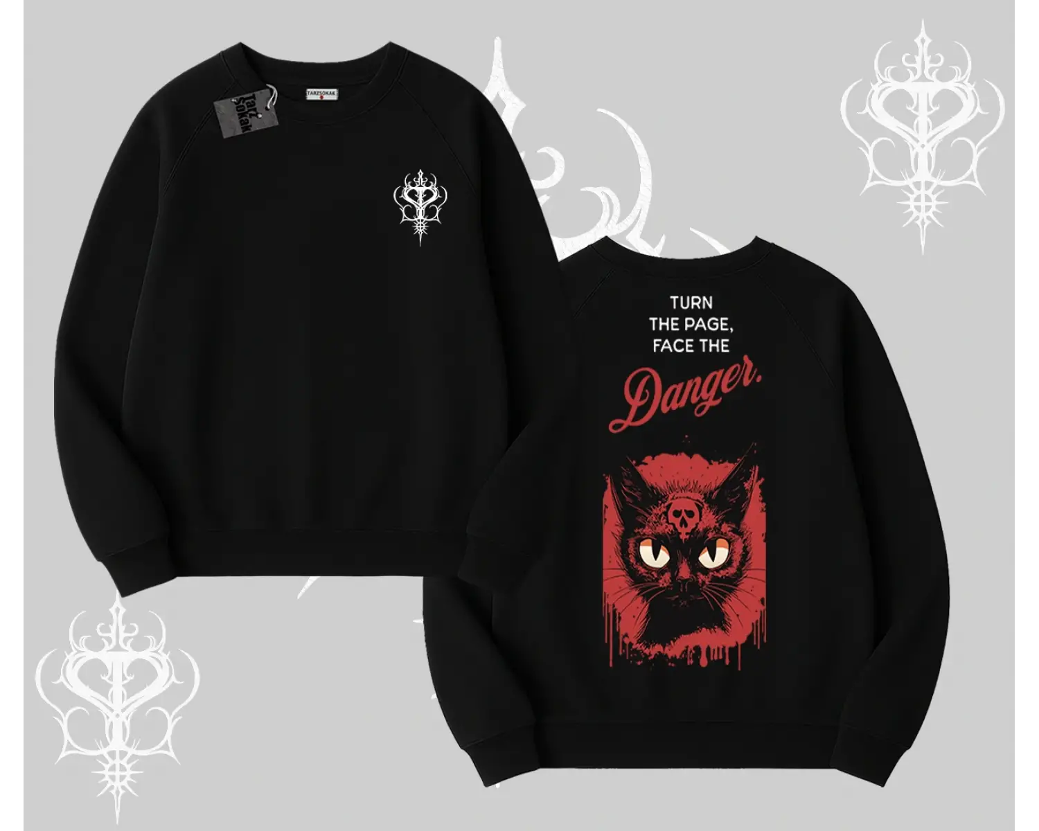 Gotik Kedi Arka Baskılı Biskilet Sweatshirt