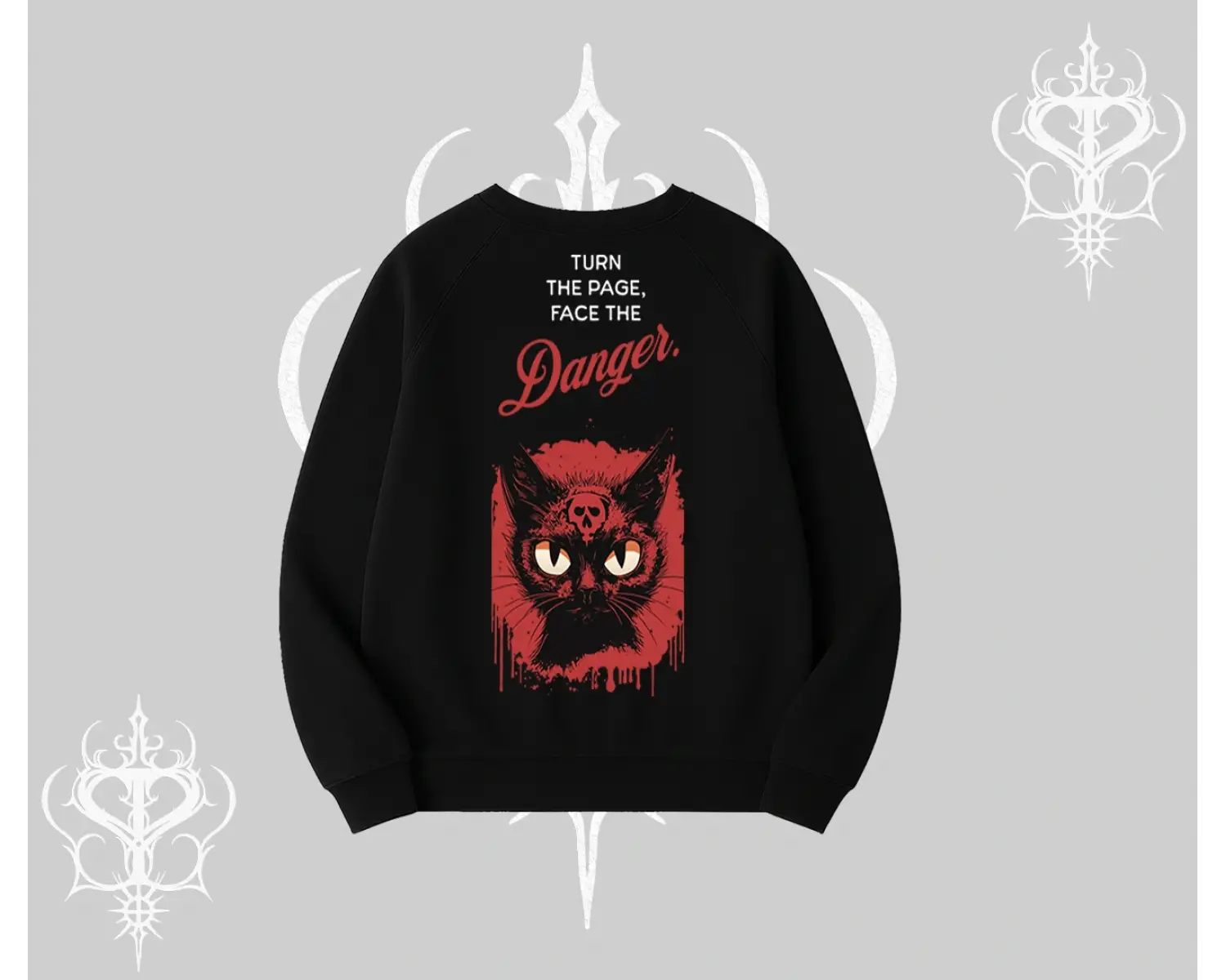 Gotik Kedi Arka Baskılı Biskilet Sweatshirt
