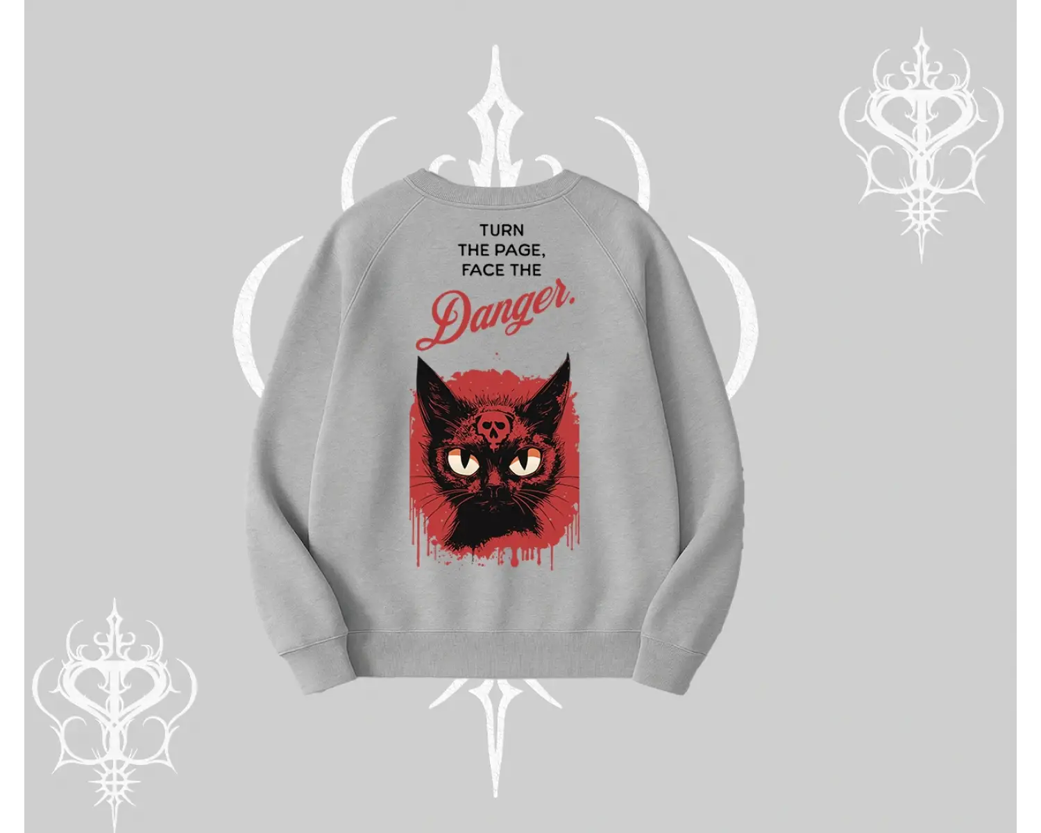 Gotik Kedi Arka Baskılı Biskilet Sweatshirt