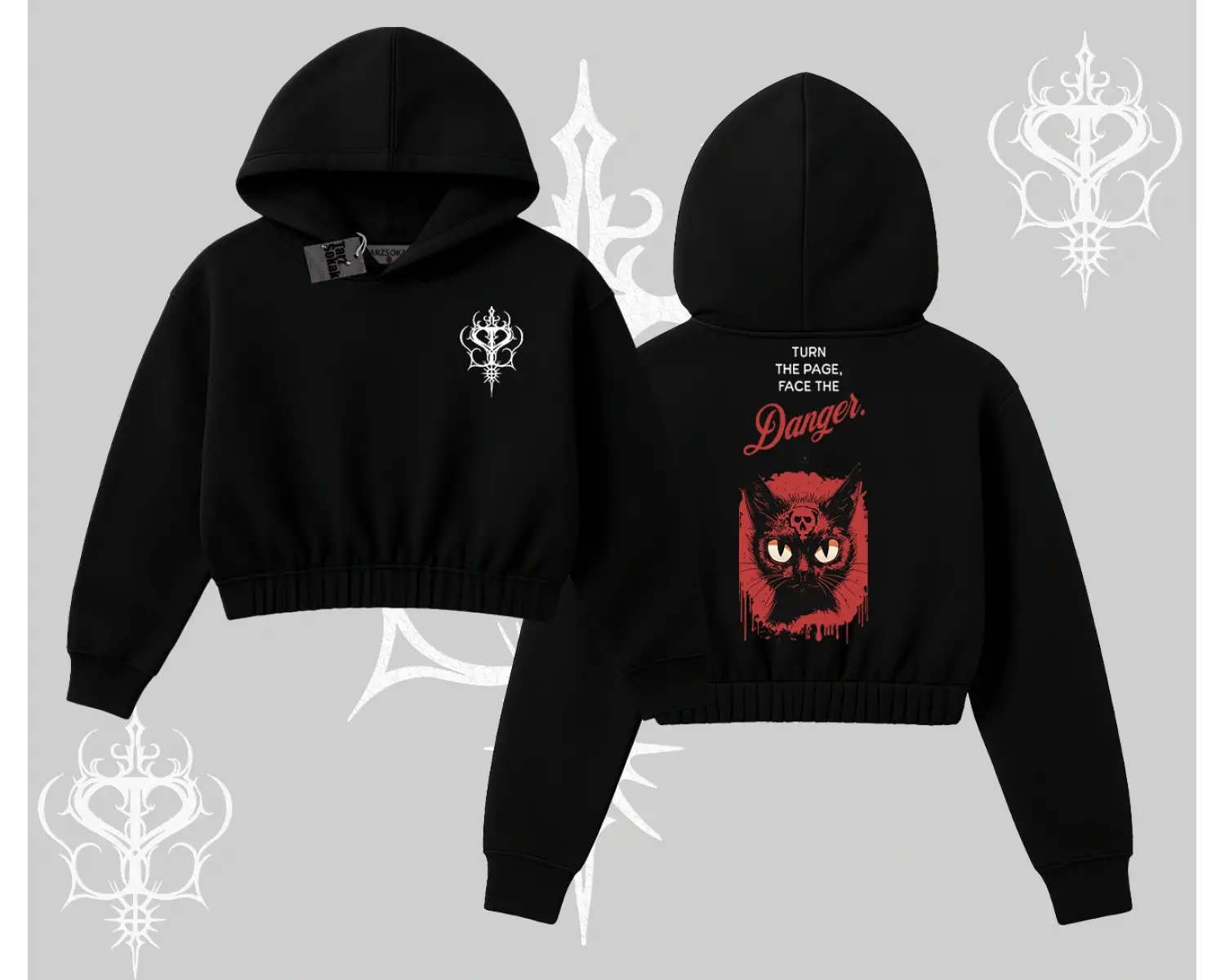 Gotik Kedi Arka Baskılı Kapşonlu Crop Sweatshirt