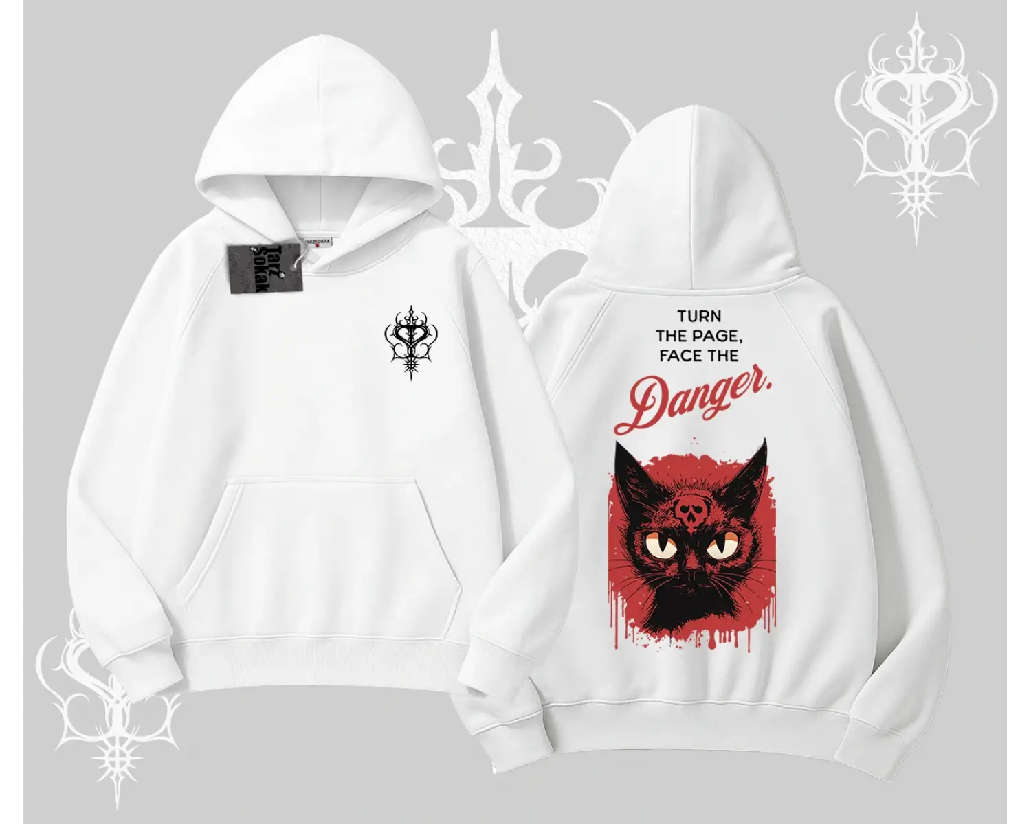Gotik Kedi Arka Baskılı Kapşonlu Sweatshirt