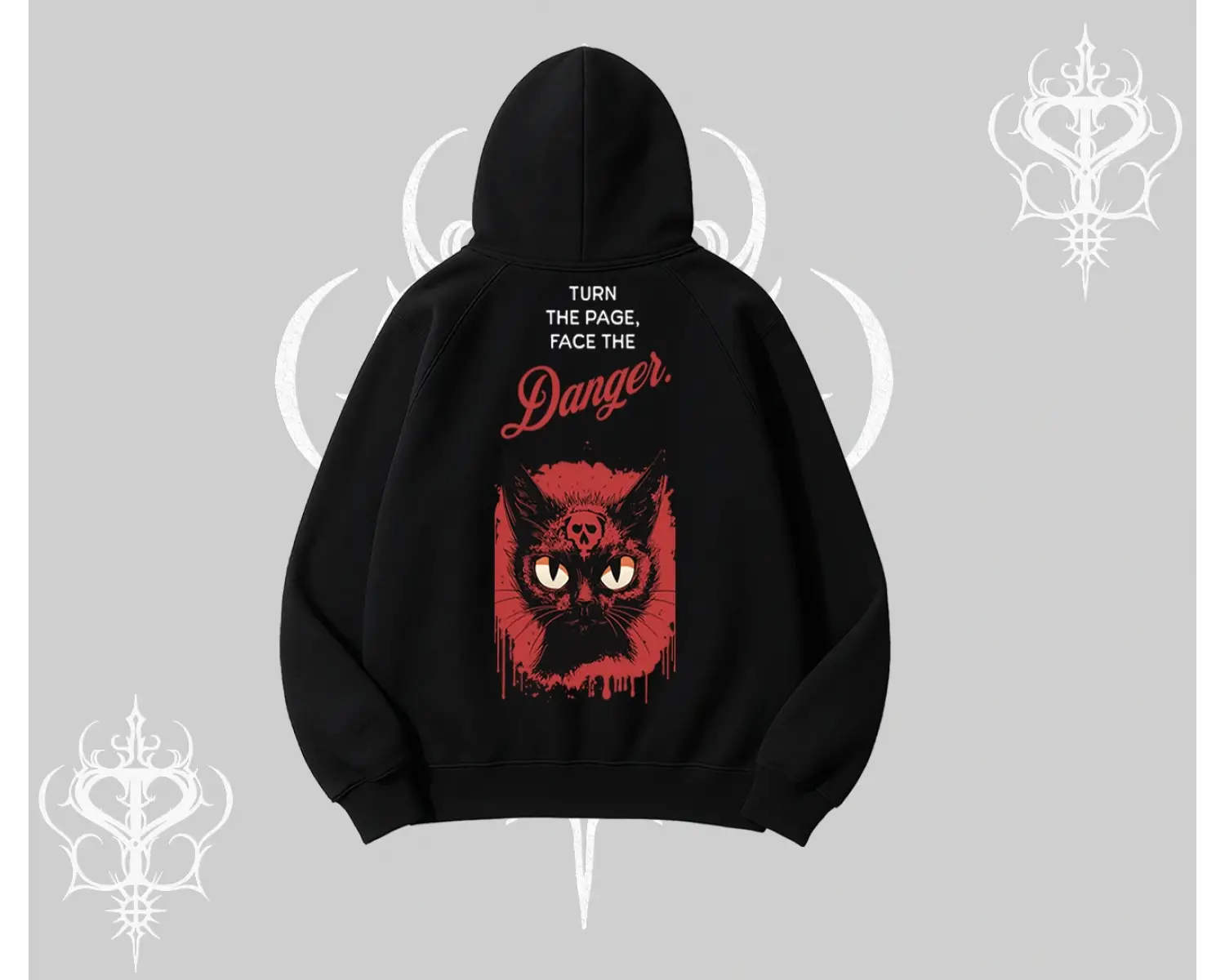 Gotik Kedi Arka Baskılı Kapşonlu Sweatshirt