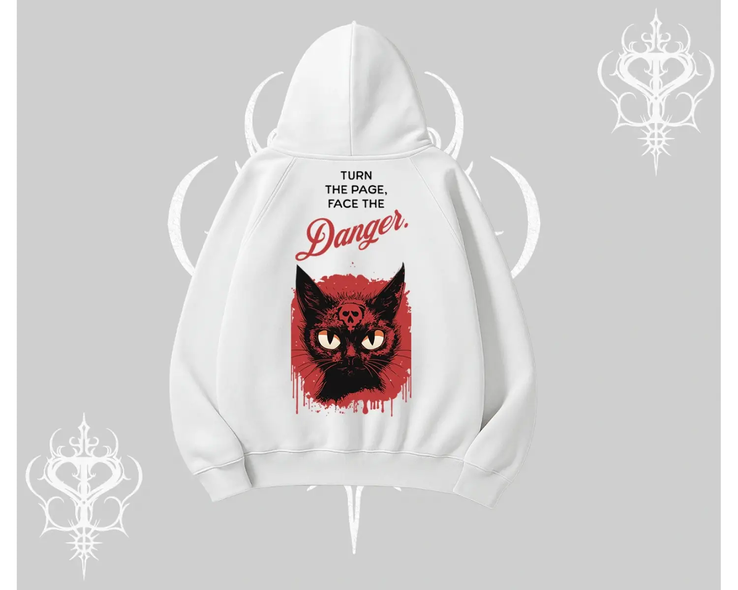 Gotik Kedi Arka Baskılı Kapşonlu Sweatshirt