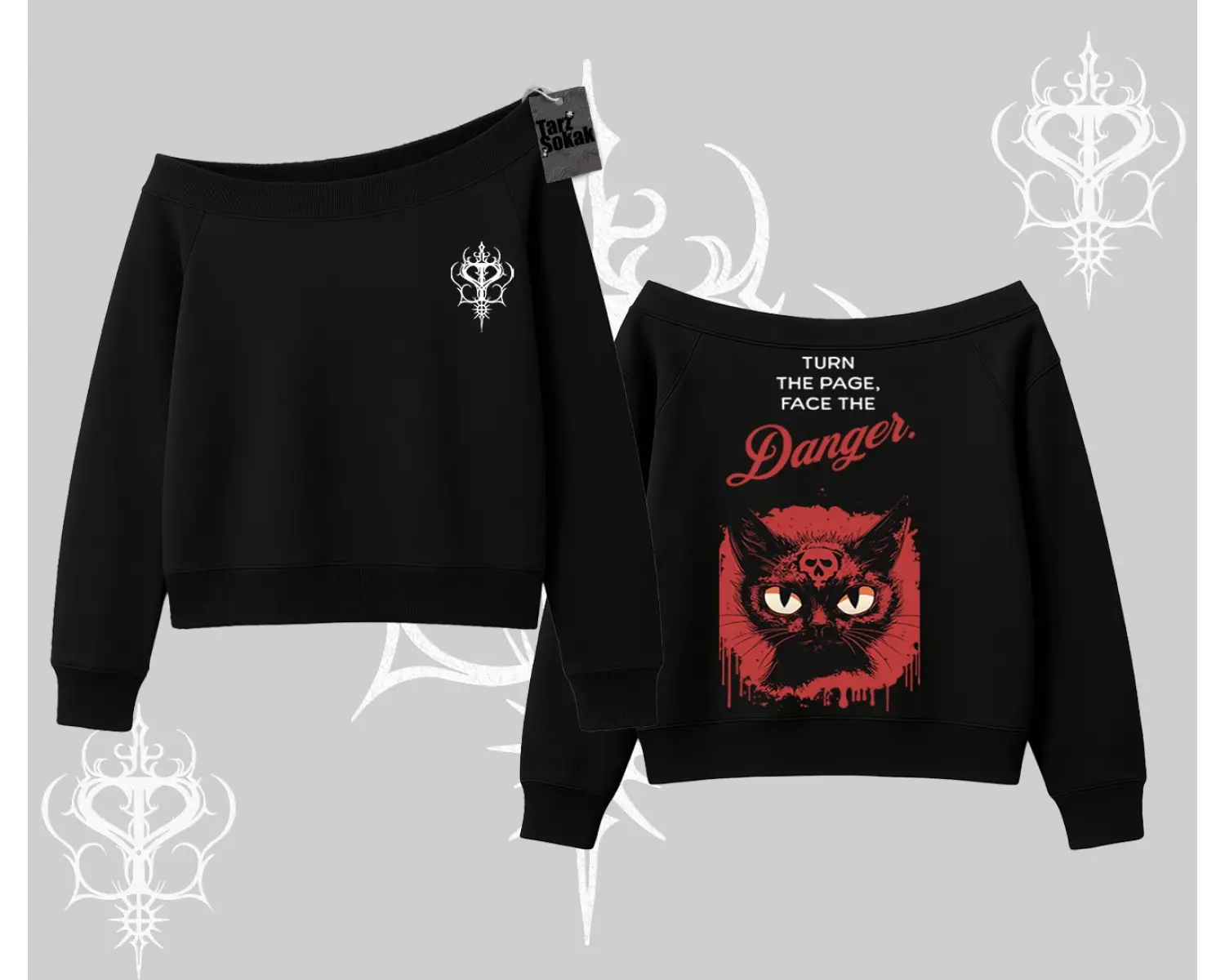 Gotik Kedi Arka Baskılı Kayık Yaka Sweatshirt