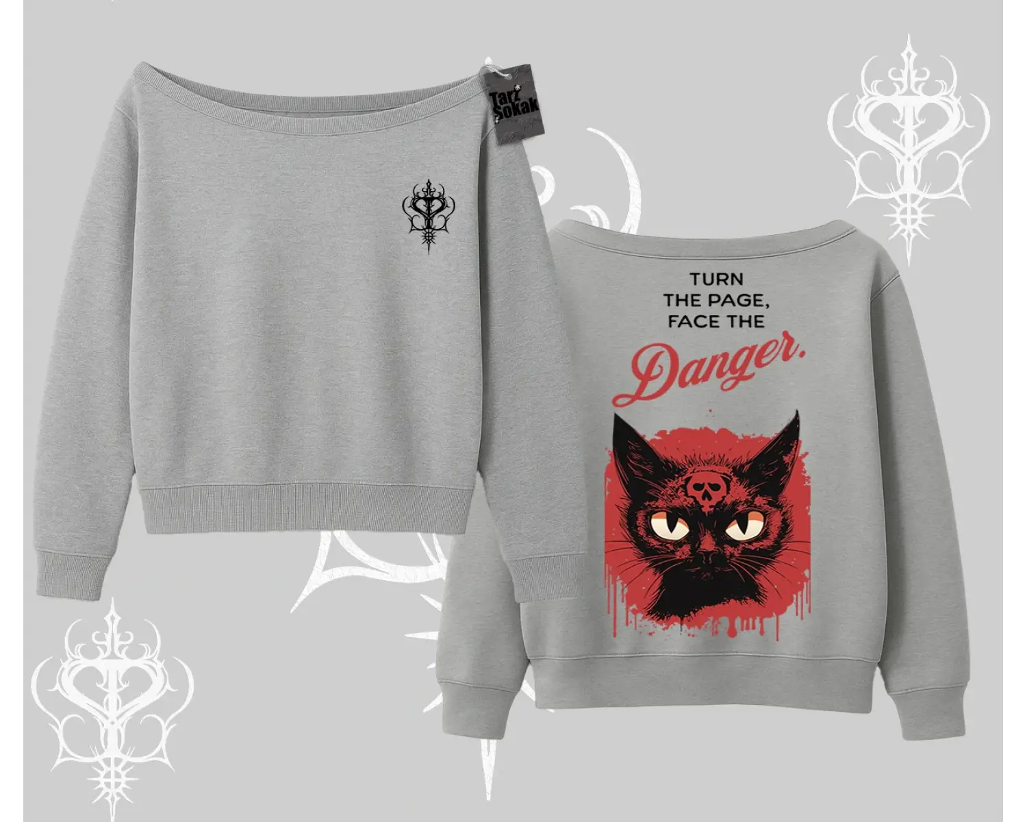 Gotik Kedi Arka Baskılı Kayık Yaka Sweatshirt