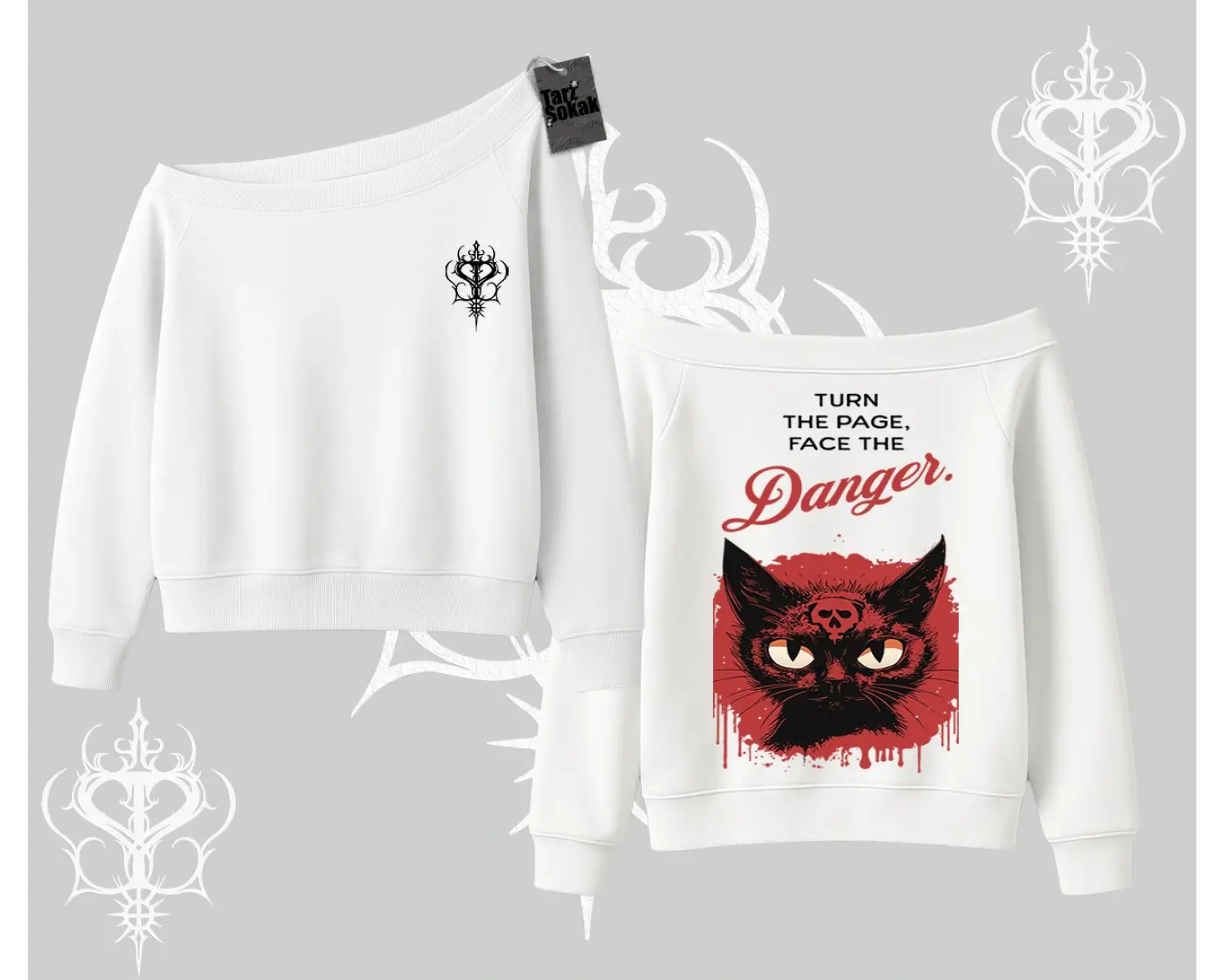 Gotik Kedi Arka Baskılı Kayık Yaka Sweatshirt