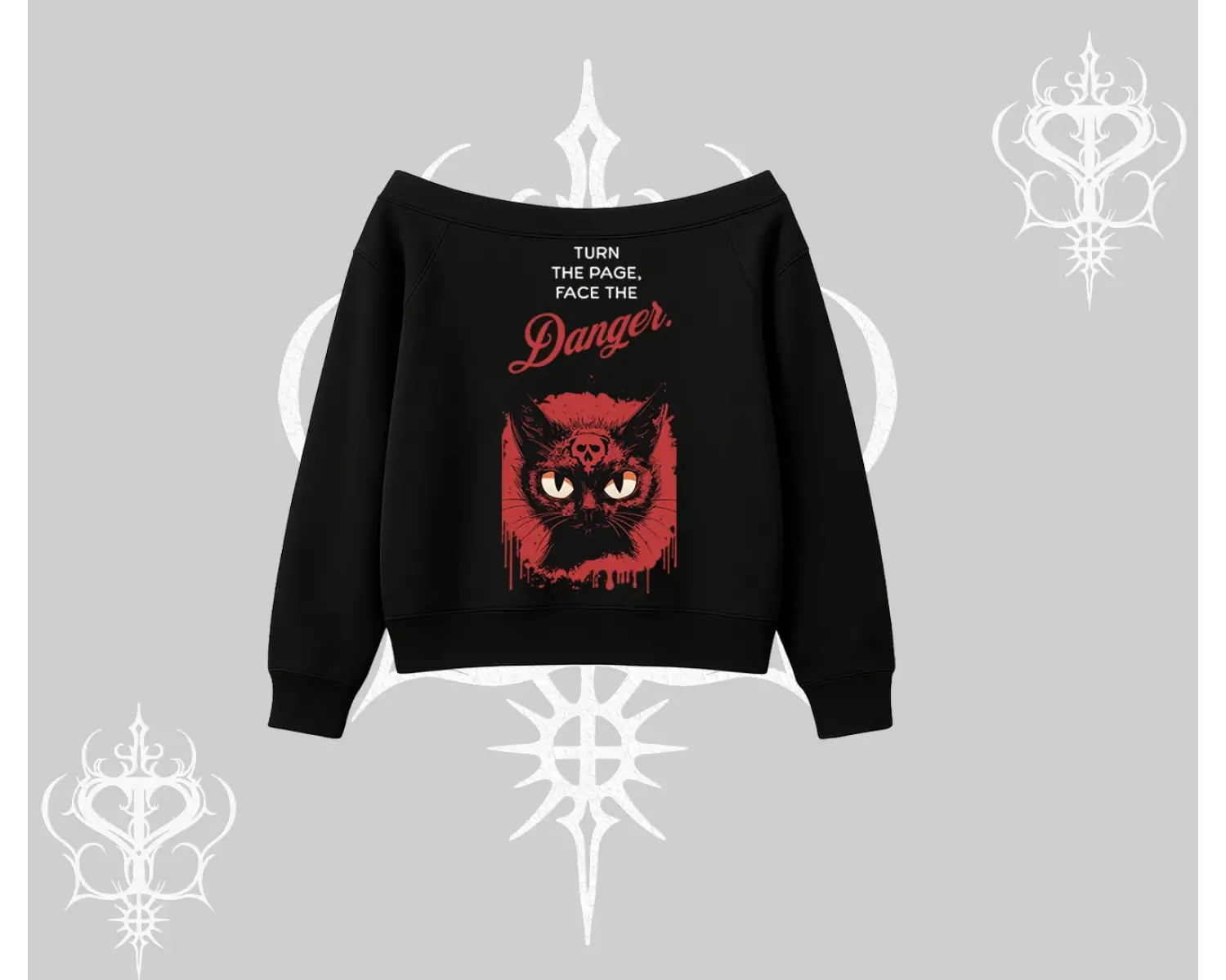 Gotik Kedi Arka Baskılı Kayık Yaka Sweatshirt