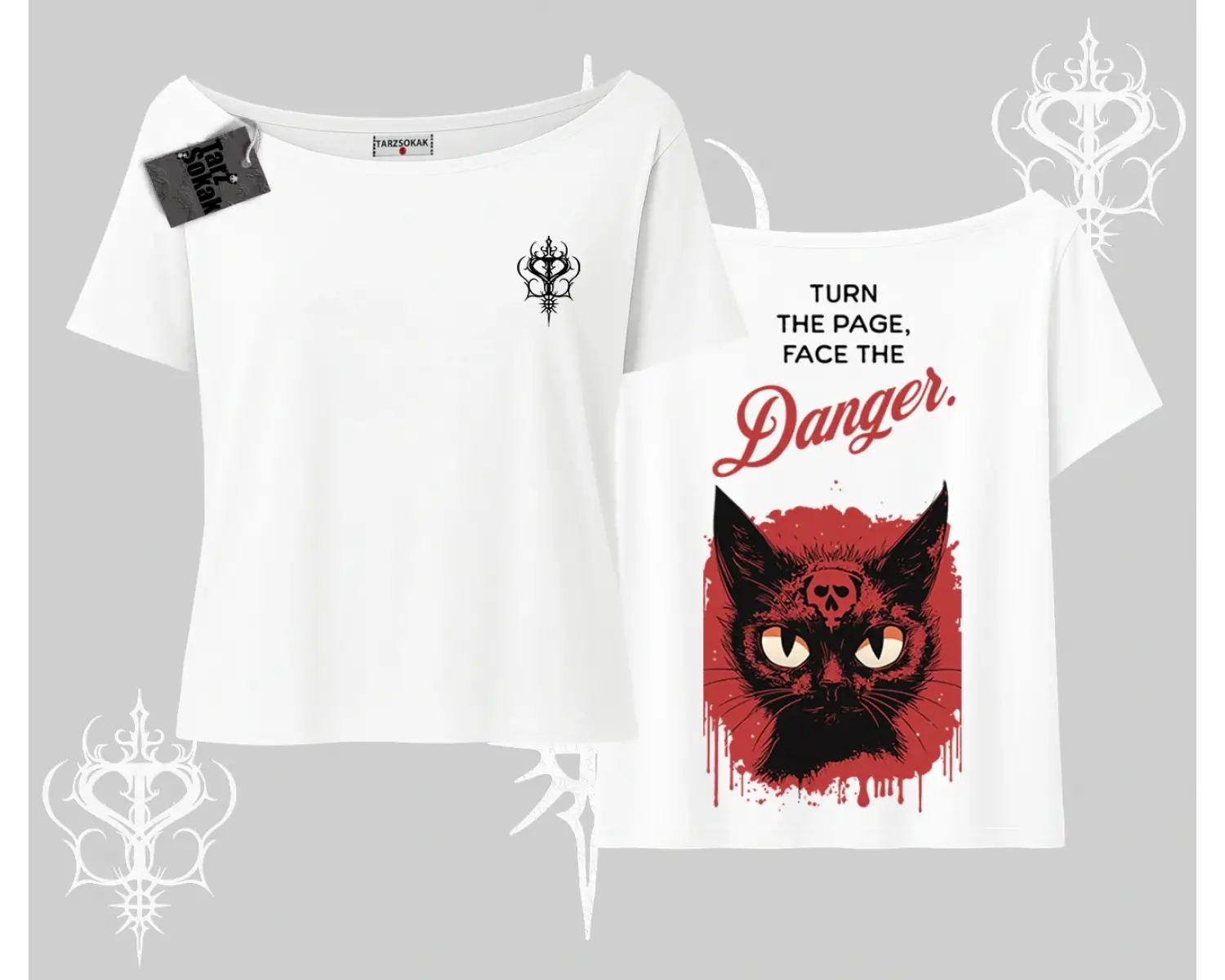 Gotik Kedi Arka Baskılı Kayık Yaka Tshirt
