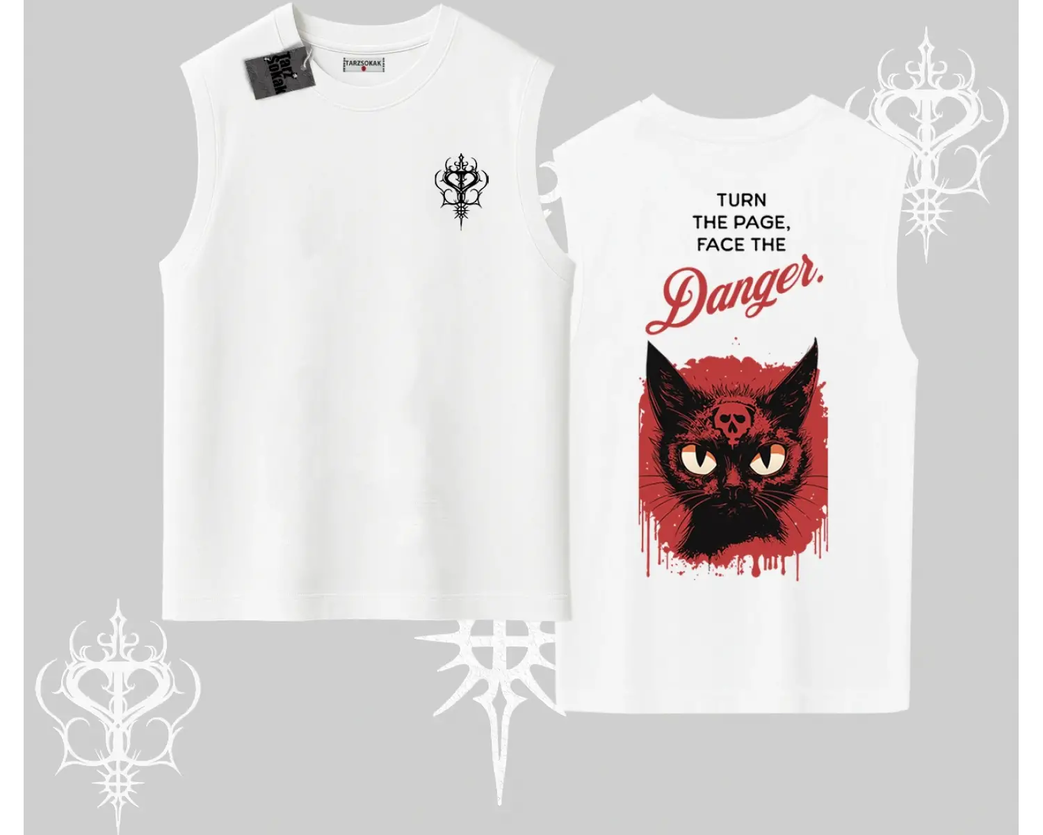Gotik Kedi Arka Baskılı Kolsuz Tshirt