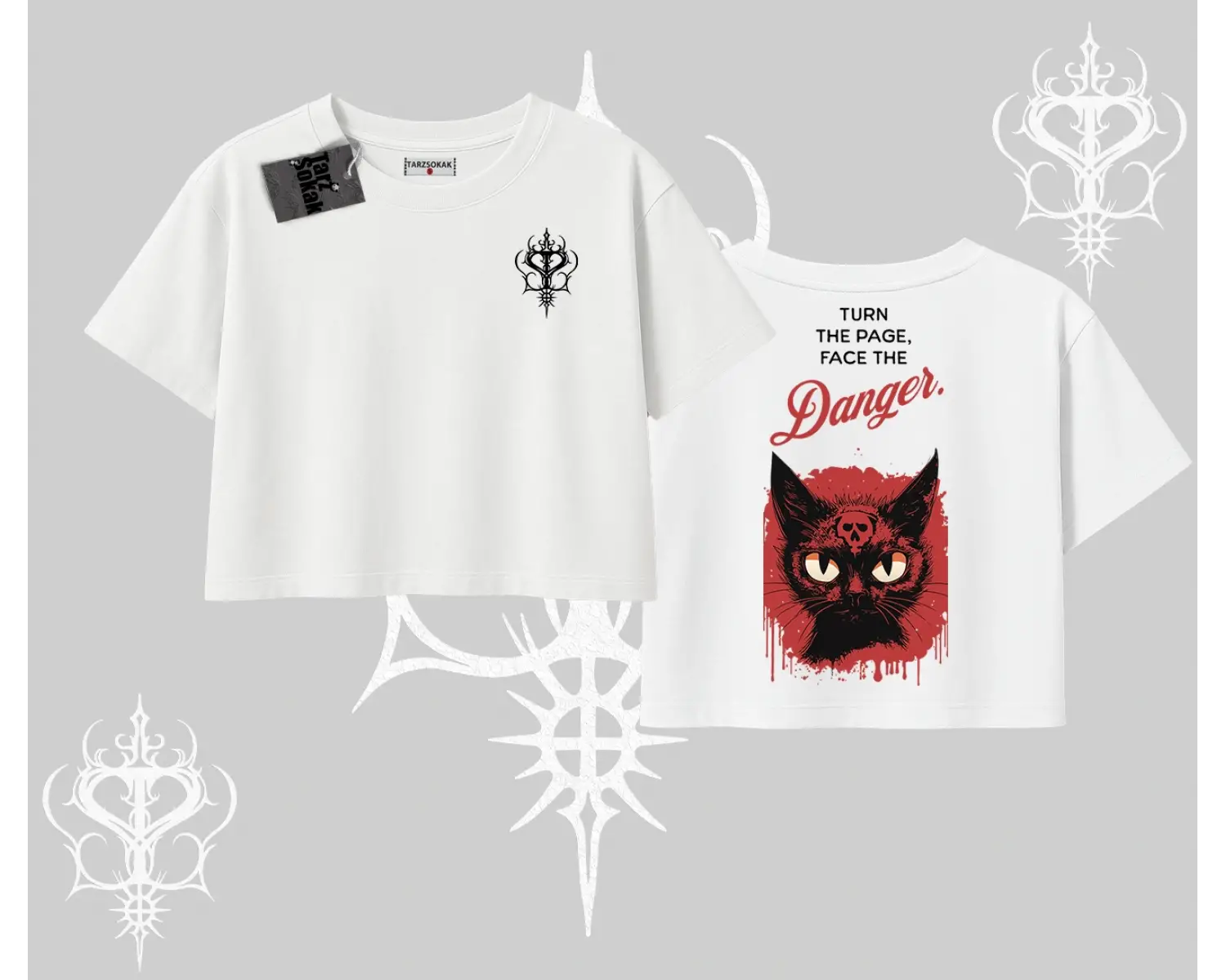 Gotik Kedi Arka Baskılı Oversize Crop Tshirt