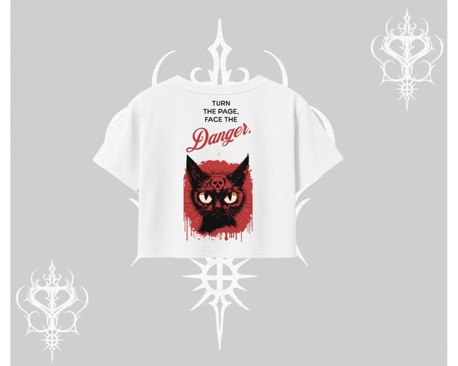 Gotik Kedi Arka Baskılı Oversize Crop Tshirt