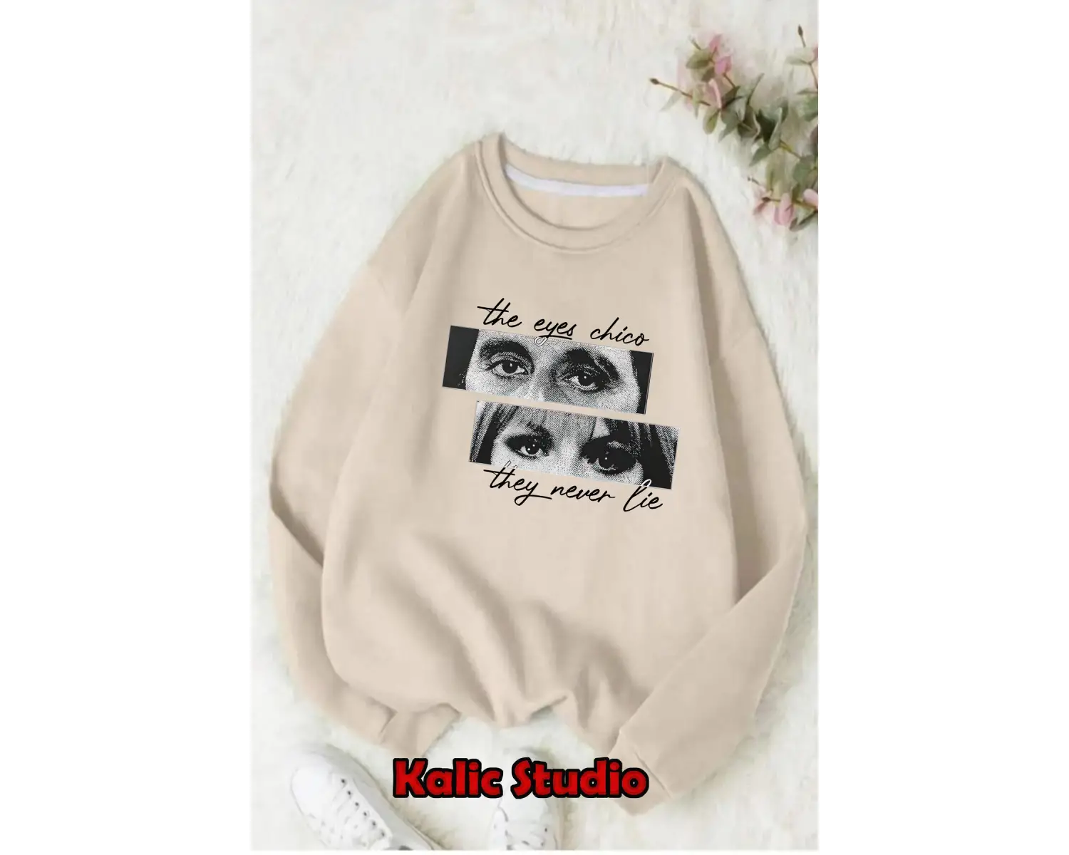 Gözler yalan söylemez oversize sweatshirt Bisiklet yaka Bej